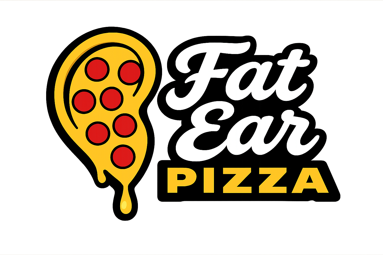 A logo for Fat Ear Pizza featuring a stylized pizza slice with red pepperoni surrounded by yellow cheese and black border, and the text 'Fat Ear Pizza' in white and yellow stylized font.