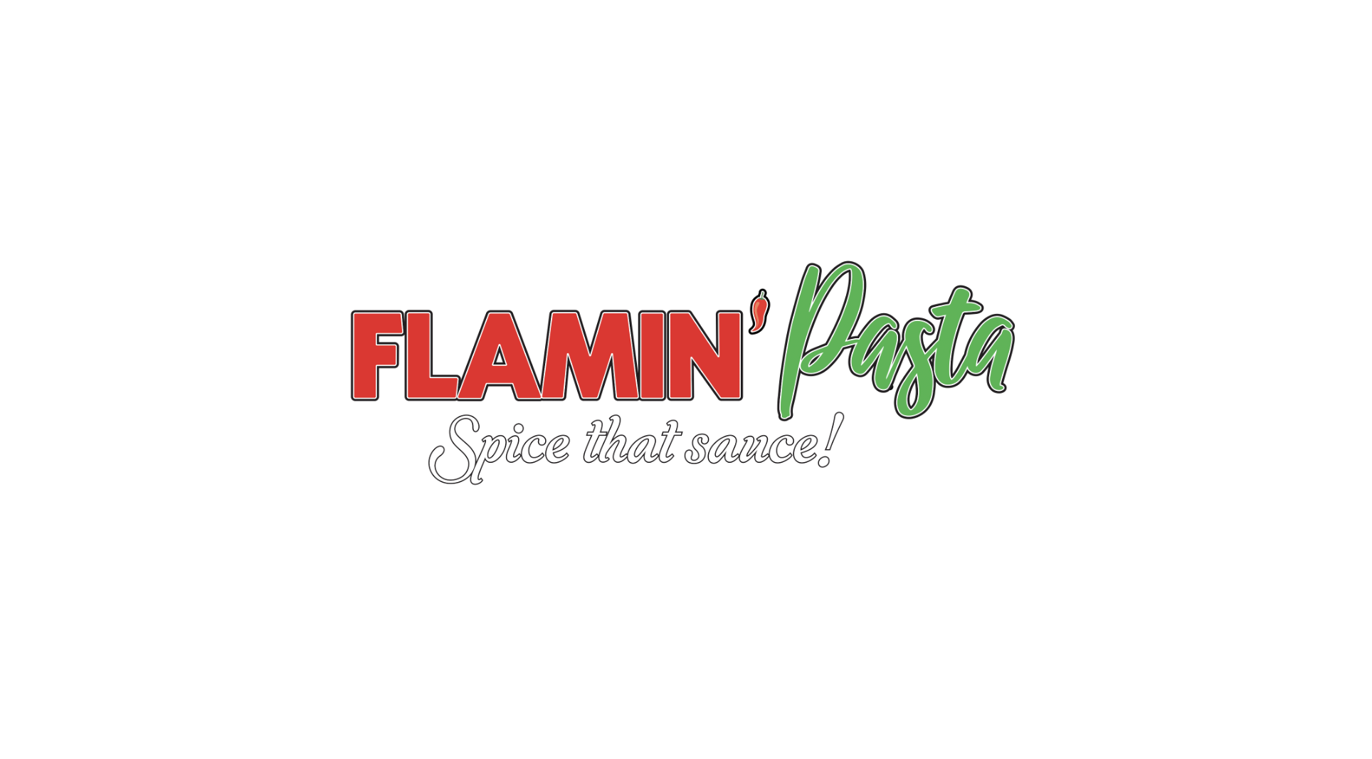 Logo for Flamin' Pasta with the tagline "Spice that sauce!"