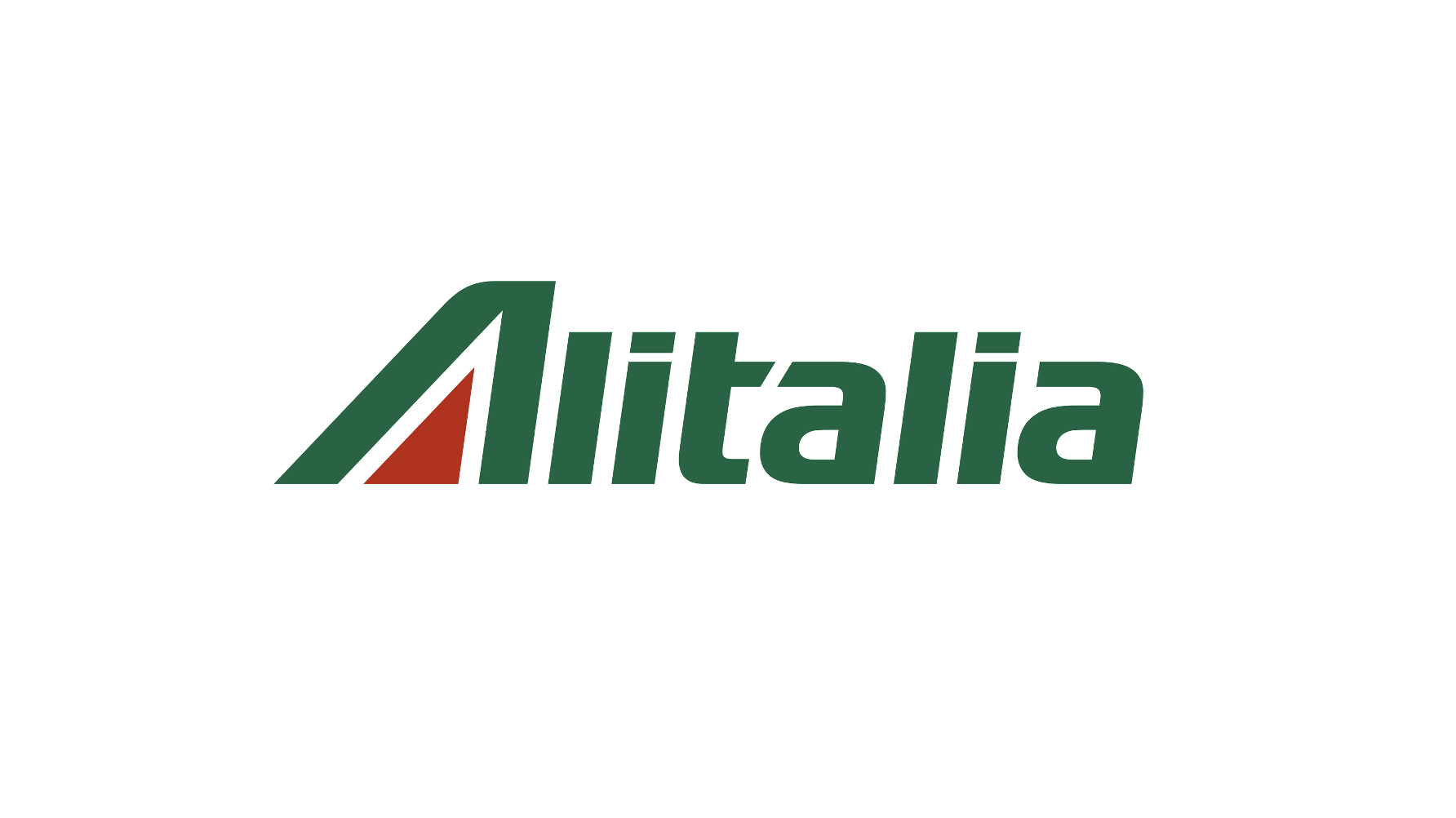 The logo of Alitalia airline with green text and a red triangle design.