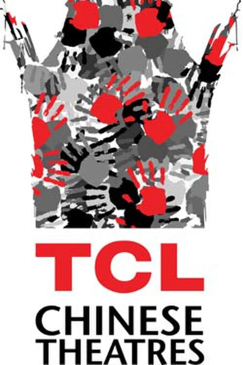 Abstract black, white, red, and gray graphic design with the text 'TCL CHINESE THEATRES' in bold red and black letters.