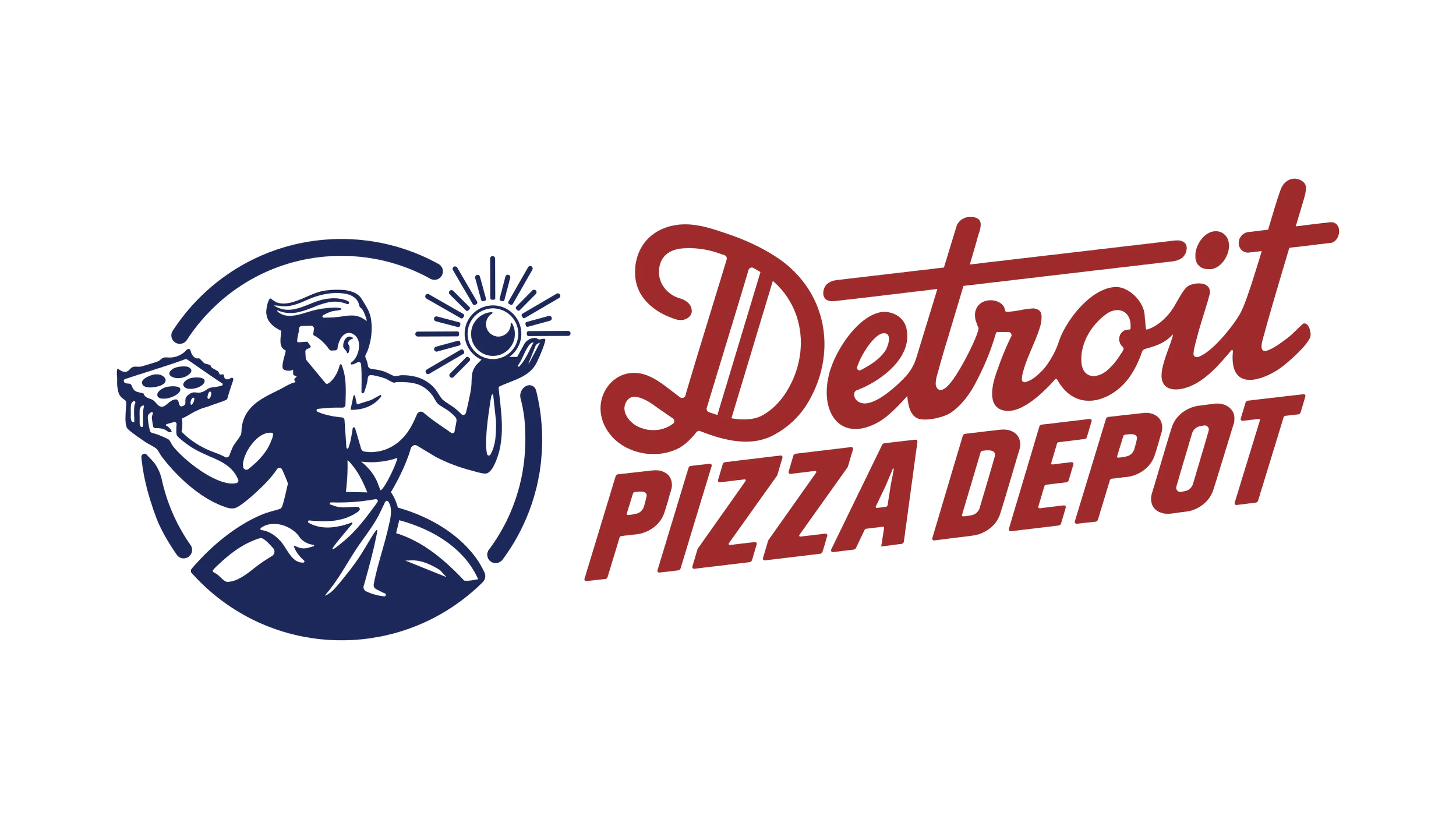 Detroit Pizzeria logo featuring a stylized woman holding a pizza and a sun with rays, with the text 'Detroit PIZZA DEPOT' in red