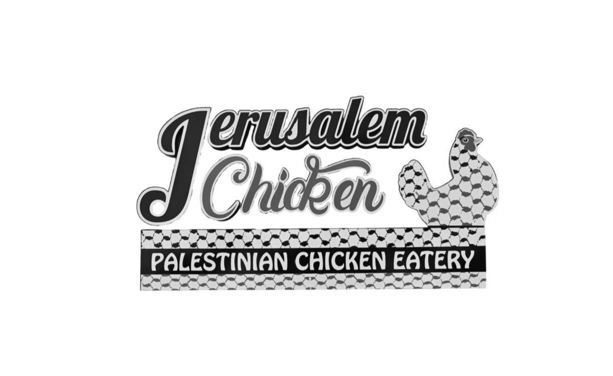 Logo for Jerusalem Chicken, a Palestinian chicken eatery, featuring a stylized chicken illustration and bold text.