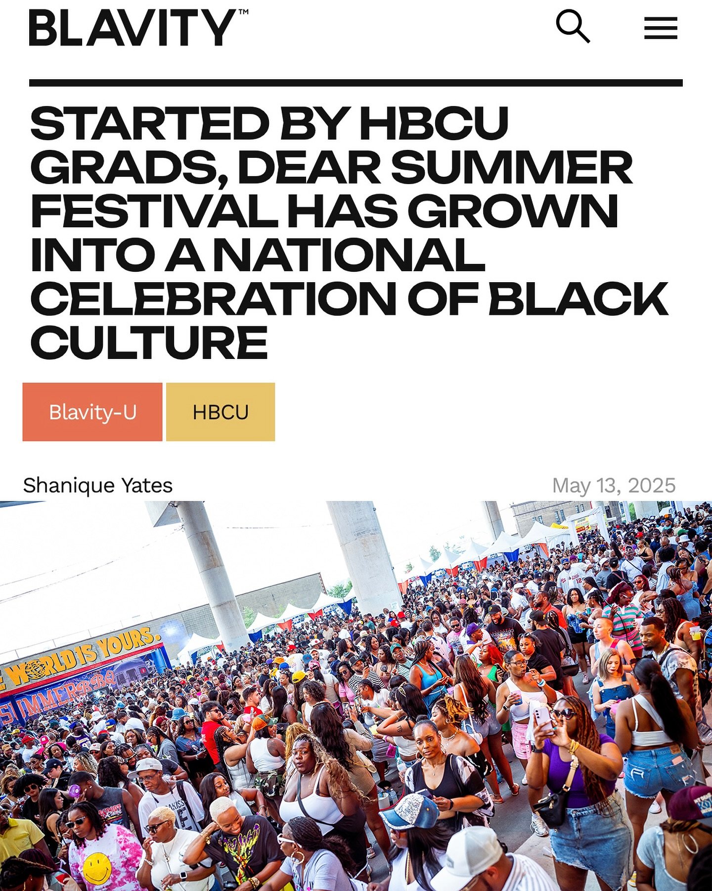 Hot Off The Press 📰🚨🚨
Dear Summer Festival: A NATIONAL CELEBRATION OF BLACK CULTURE
We’re Thrilled To Be Featured On @blavity Media Platform.
We will continue to bring the VIBES NATIONWIDE! 🥳
Check Out The Article To Read More About Ou