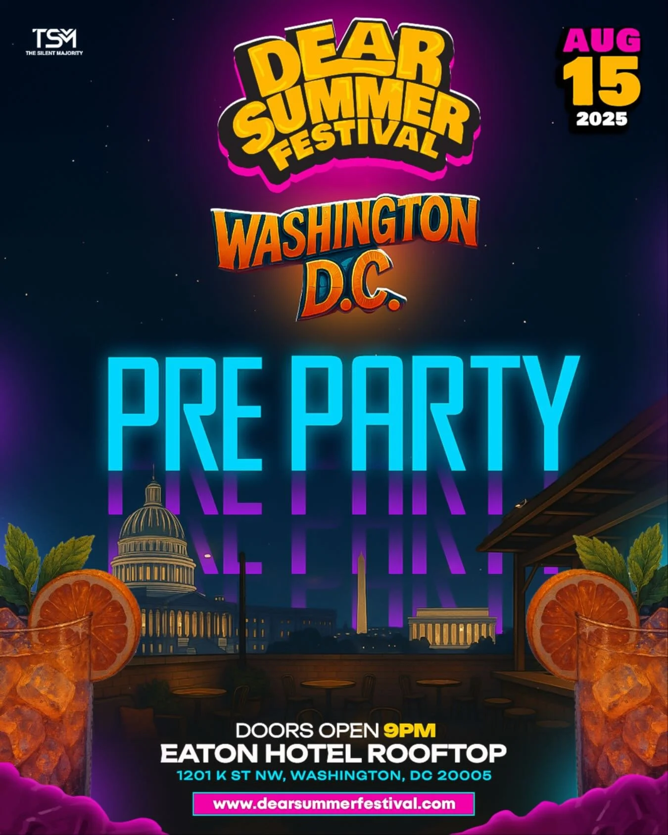 Dear Summer Festival DC Weekend Starts NOW! 🚀💥
And Tonight… We Kick It Off With The Official Preparty At Eaton Hotel Rooftop! 🌆🎶 Doors Open 9PM — Let’s Set The Tone Right.