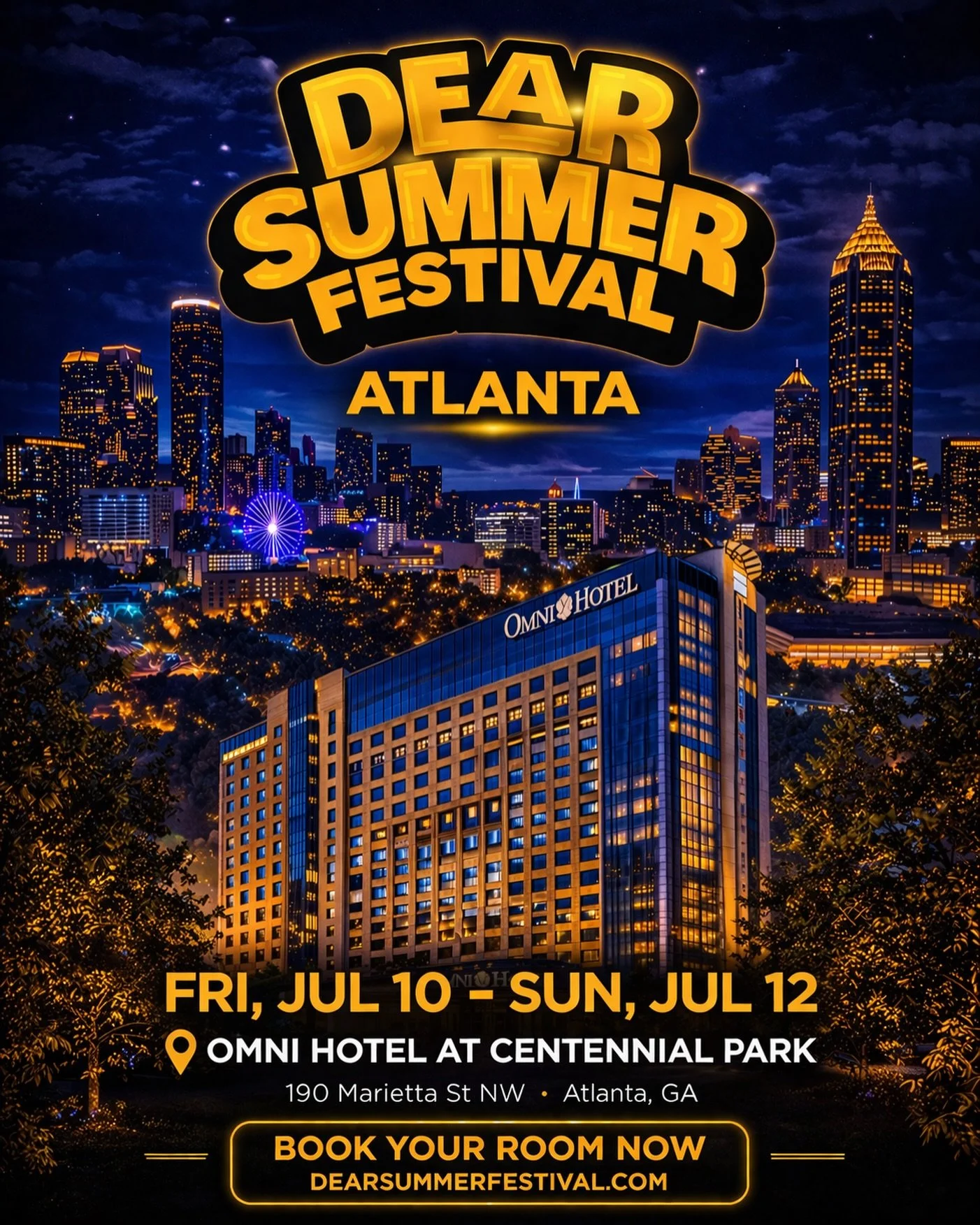 Atlanta 🌆 Room Blocks Are LIVE!

Stay at our official host hotel and be right in the center of the action:
✔ Prime location
✔ Easy access to all festival events
✔ Exclusive discounted rates

Rooms will sell out fast!  Lock yours in NOW‼️

Once on ou