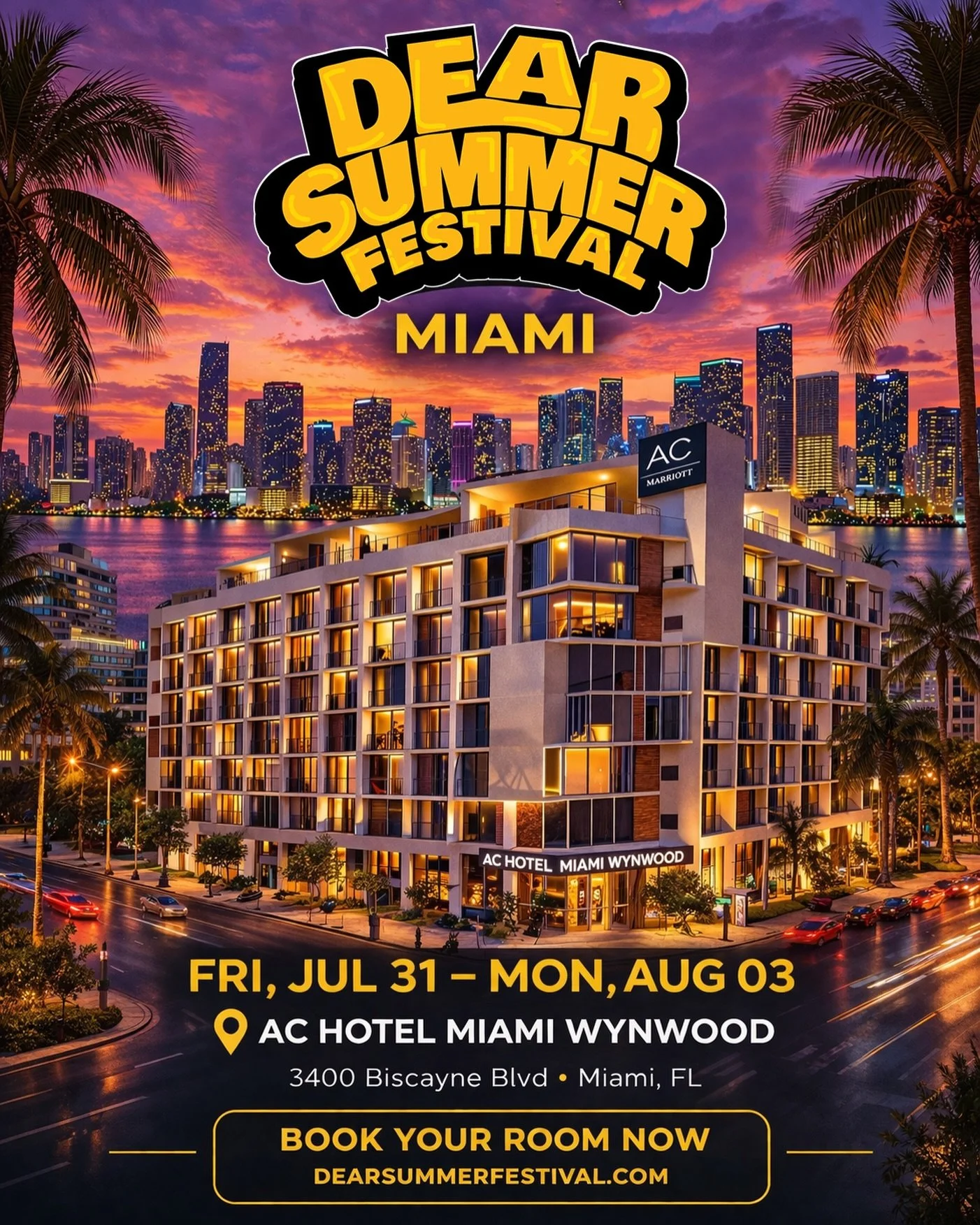 MIAMI 🌆 Room Blocks Are LIVE!

Stay at our official host hotel and be right in the center of the action:
✔ Prime location
✔ Easy access to all festival events
✔ Exclusive discounted rates

Rooms will sell out fast!  Lock yours in NOW‼️

Once on our 