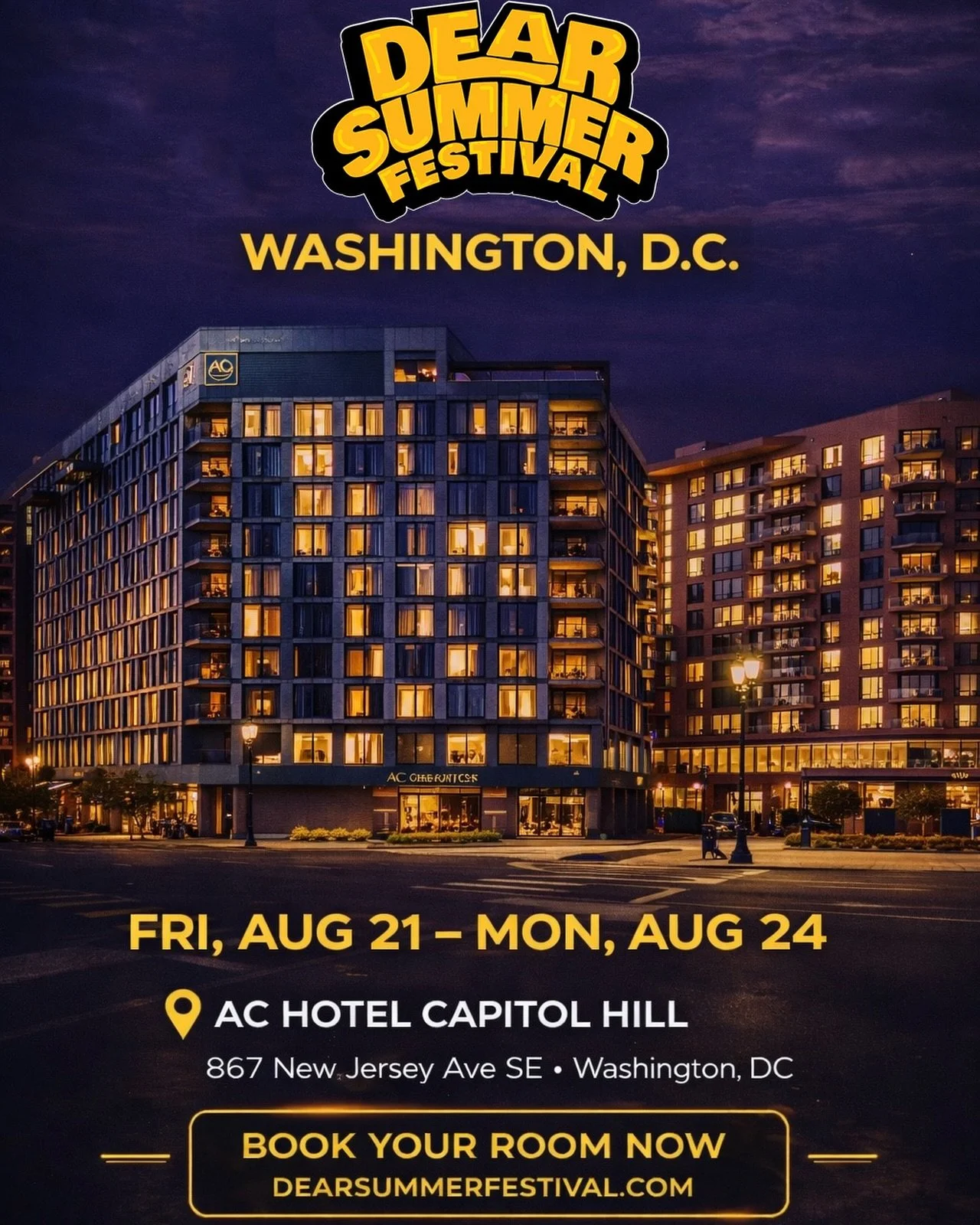 D.C. 🌆 Room Blocks Are LIVE!

Stay at our official host hotel and be right in the center of the action:
✔ Prime location
✔ Easy access to all festival events
✔ Exclusive discounted rates

Rooms will sell out fast!  Lock yours in NOW‼️

Once on our s