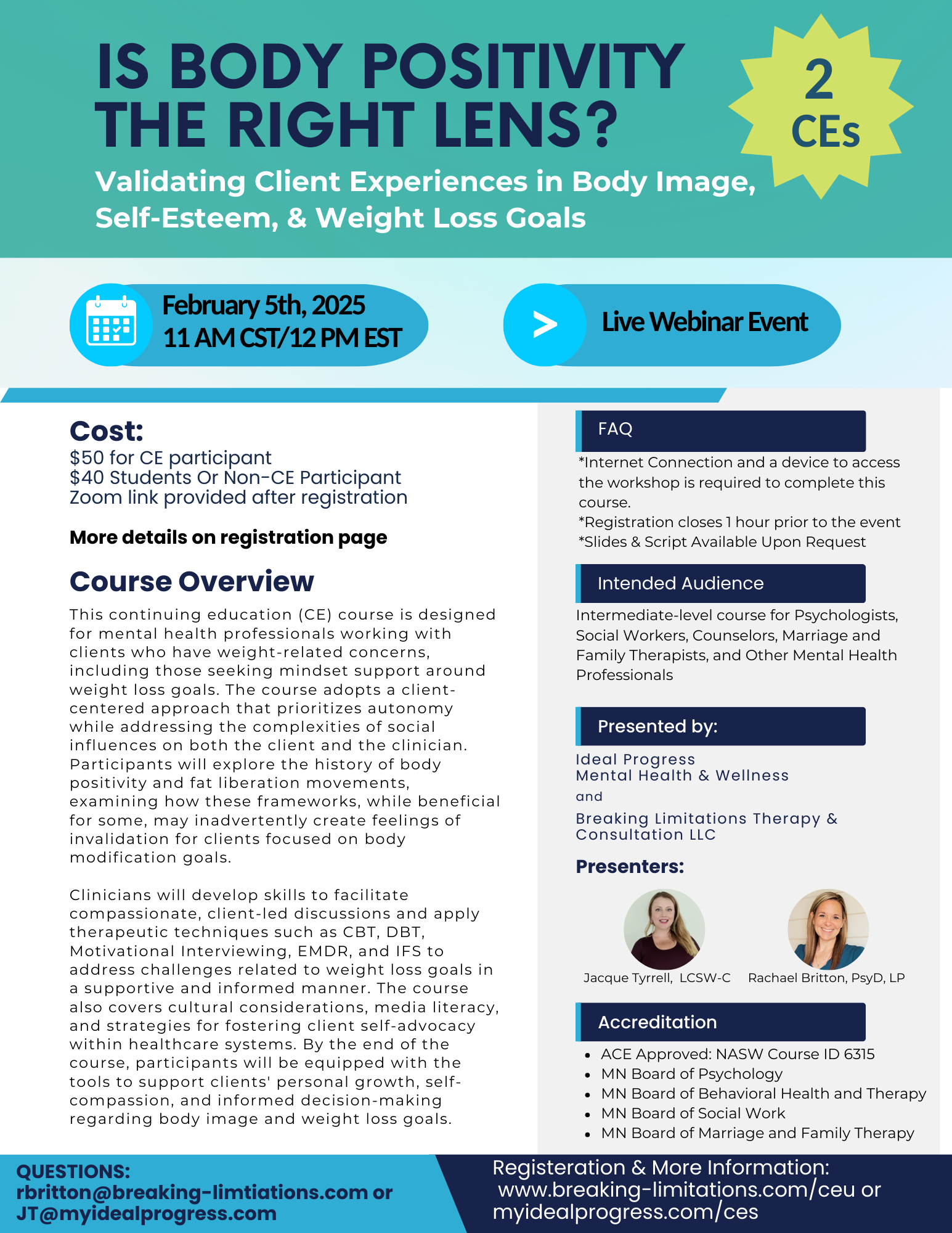 Flyer for a live webinar event titled 'Is Body Positivity the Right Lens?' scheduled for November 7th, 2025, from 11 AM CST to 12 PM EST, discussing client experiences in body image, self-esteem, and weight loss goals. The flyer includes registration details, cost, course overview, intended audience, presenters' photos, and accreditation information.