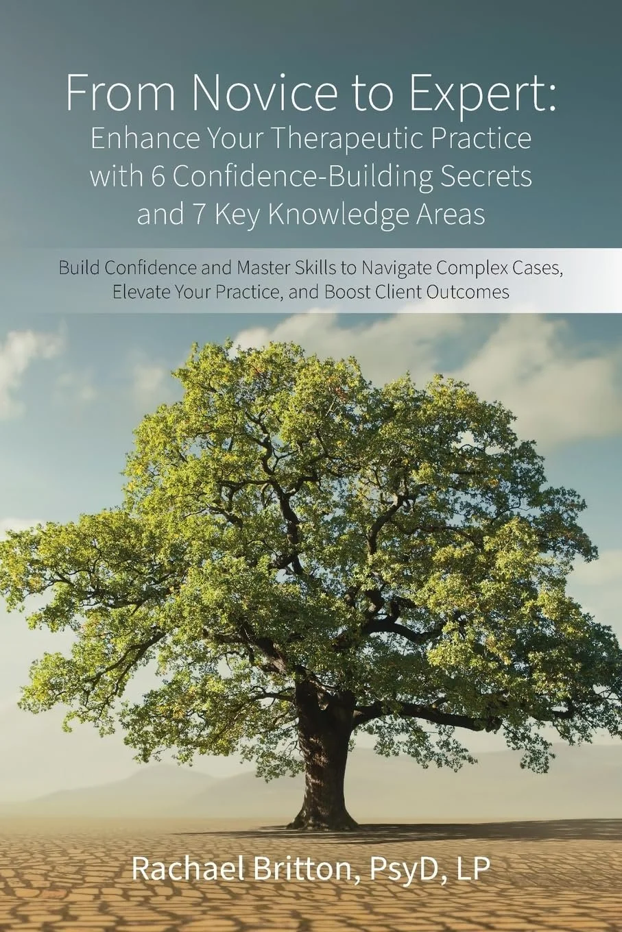 An educational flyer for an in-home study e-book titled 'From Novice to Expert,' authored by Rachel Britton, PsyD, LP. The flyer includes a picture of a tree and information about the course objective, pricing, accreditation, and contact details.