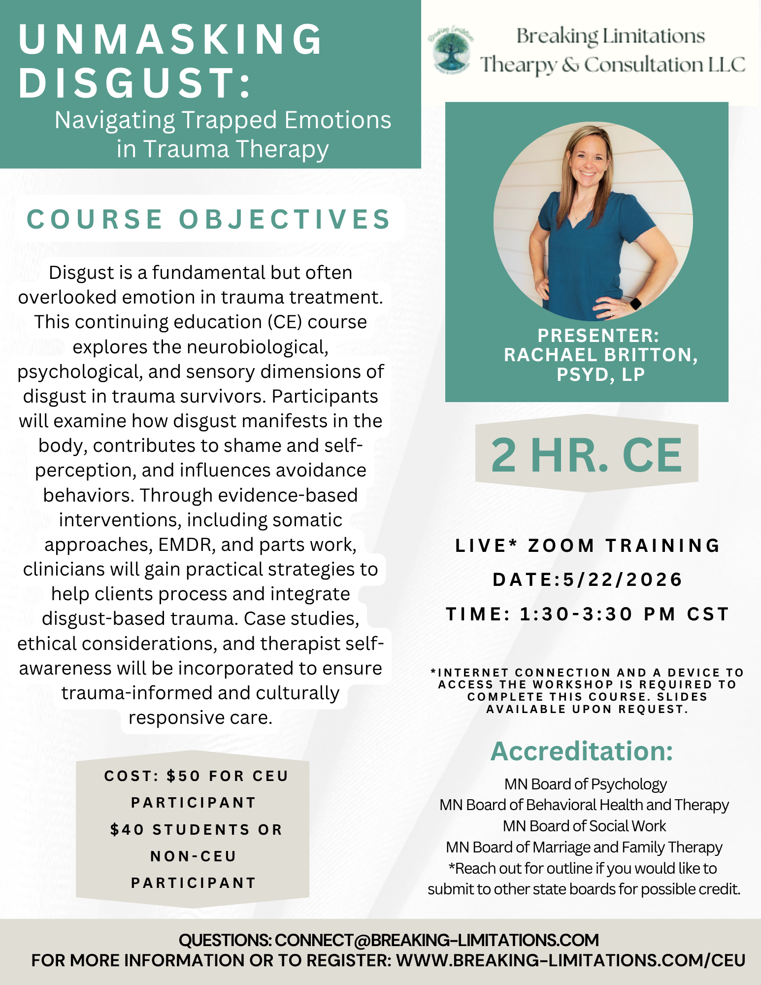 Flyer for a live Zoom training on unmasking disgust in trauma therapy, scheduled for October 22, 2025, from noon to 2 PM CST, presented by Rachael Britton, with details on course objectives, cost, accreditation, and registration information.