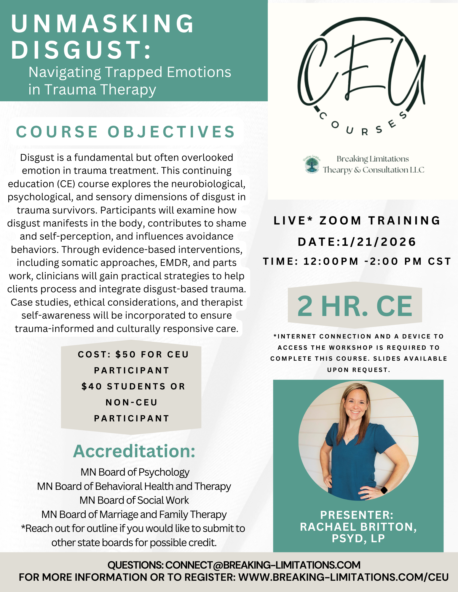 Flyer for a live Zoom training on unmasking disgust in trauma therapy, scheduled for October 22, 2025, from noon to 2 PM CST, presented by Rachael Britton, with details on course objectives, cost, accreditation, and registration information.