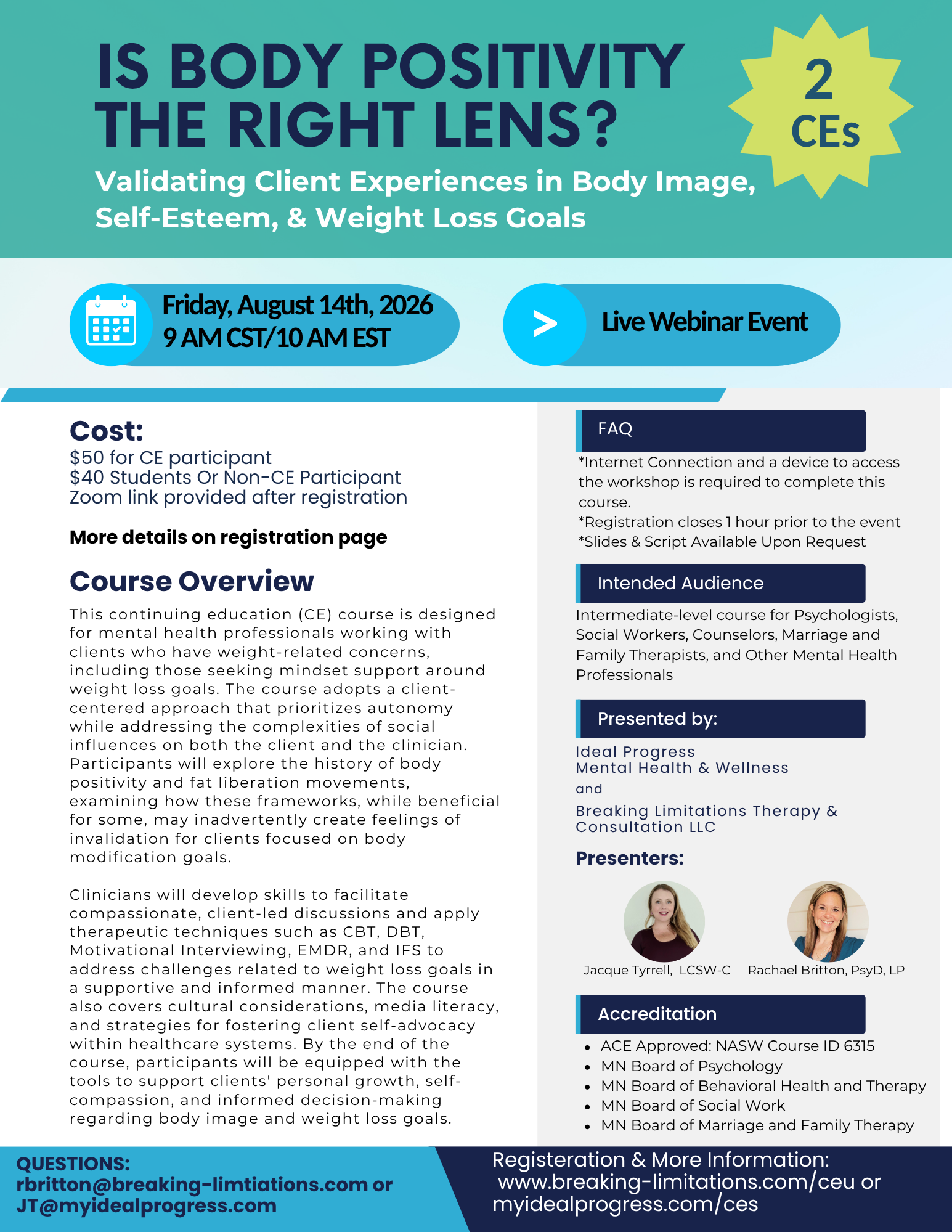 Flyer for a live webinar event titled 'Is Body Positivity the Right Lens?' scheduled for November 7th, 2025, from 11 AM CST to 12 PM EST, discussing client experiences in body image, self-esteem, and weight loss goals. The flyer includes registration details, cost, course overview, intended audience, presenters' photos, and accreditation information.