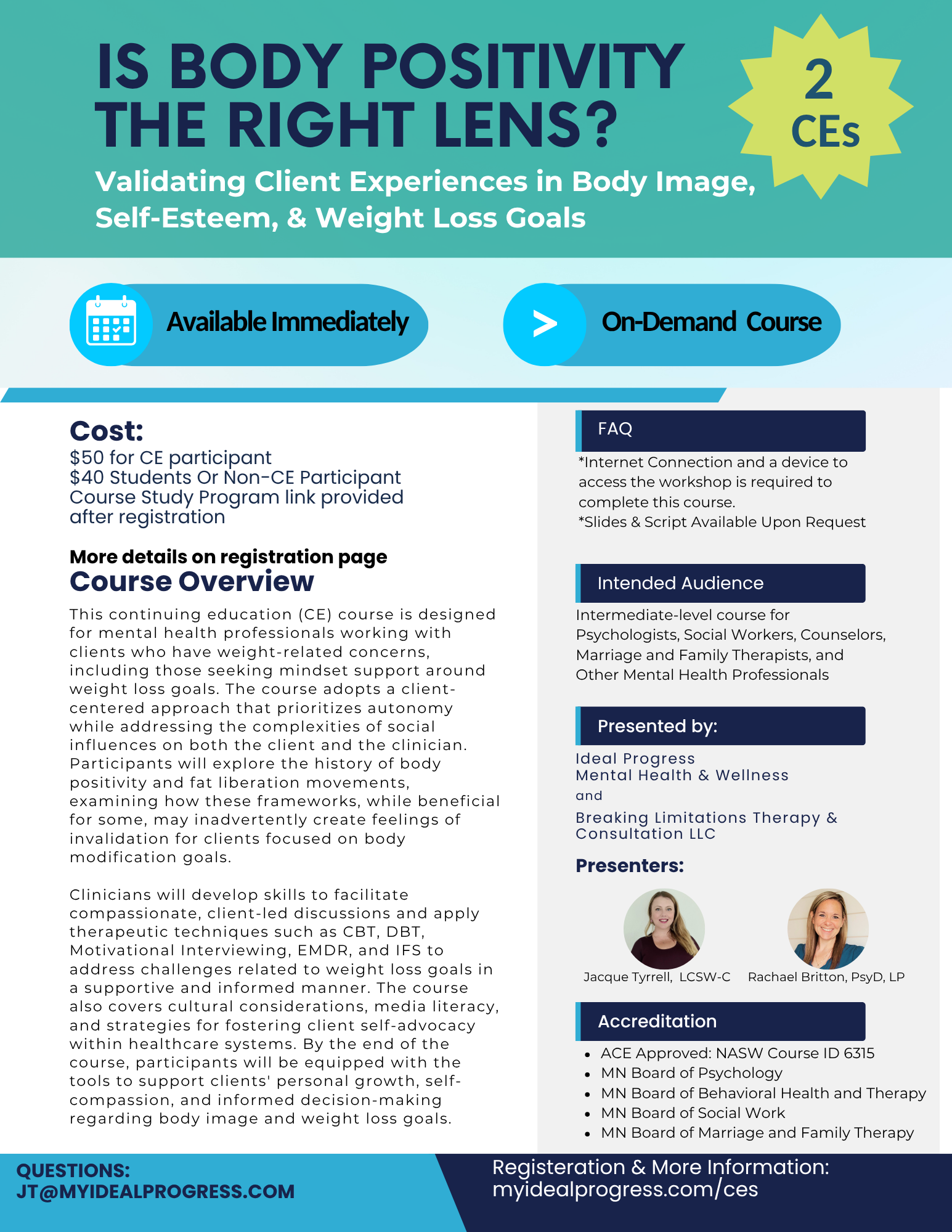 Flyer for a live online workshop about body positivity, client experiences, self-esteem, and weight-loss goals scheduled for May 2nd, 2025, at 11:00 AM CST/12:00 PM EST. The flyer features images of two smiling women and details about the course, accreditation, presenters, and costs.