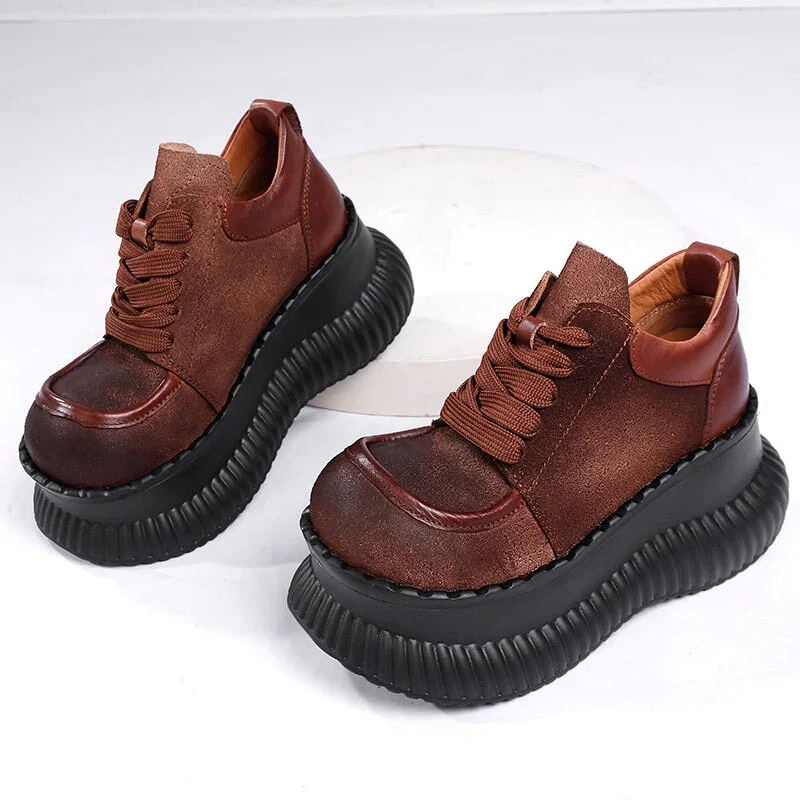 Women Handmade Leather Round Toe Lace Up Platform Sneakers in Coffee/Black