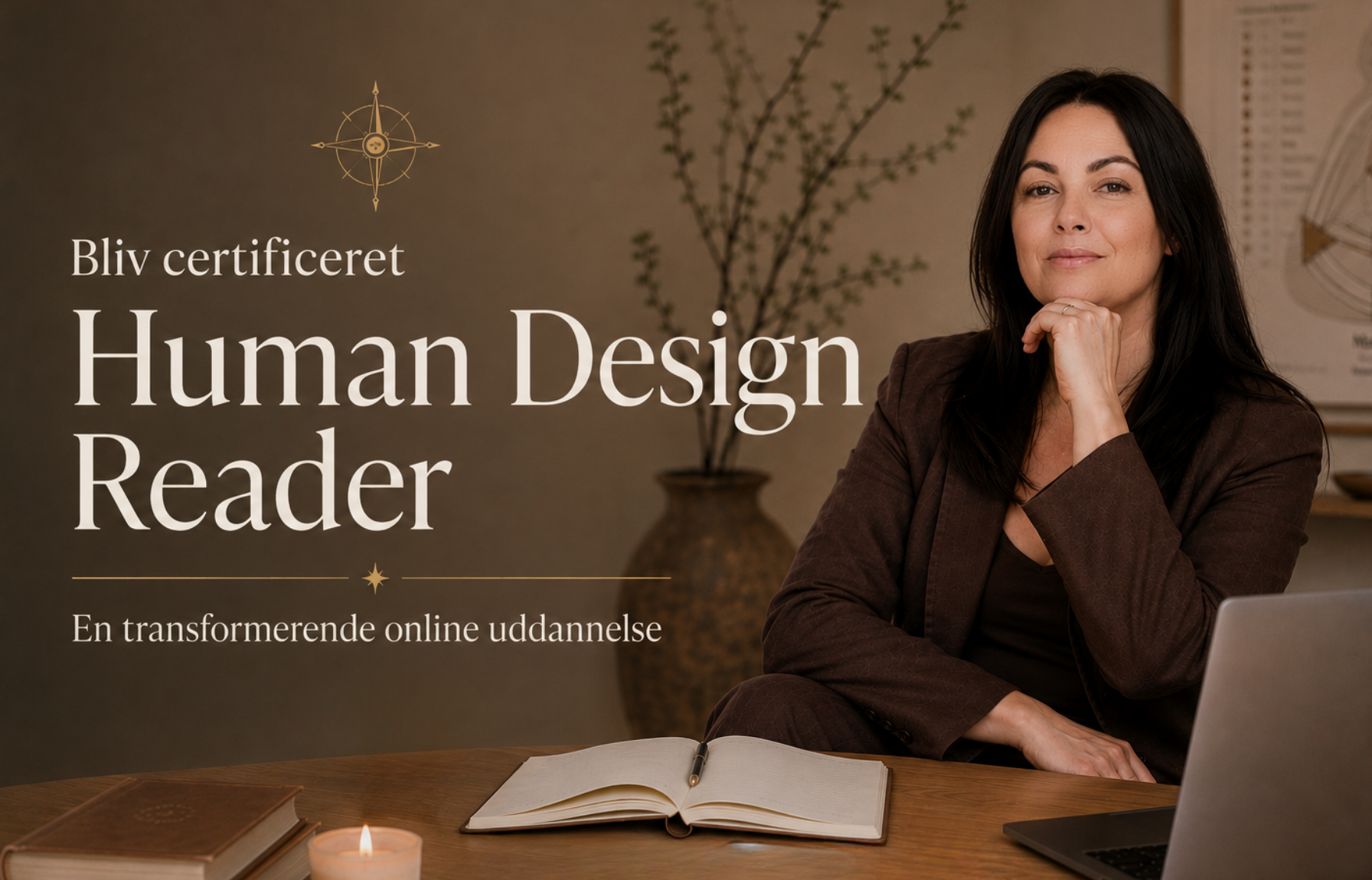 En kvinde sidder ved et skrivebord med en åben bog og en tændt stearinlys foran sig, mens hun ser direkte mod kameraet, med planter og diagrammer i baggrunden. Tekst: 'Bliv certificeret Human Design Reader. En transformerende online uddannelse.'