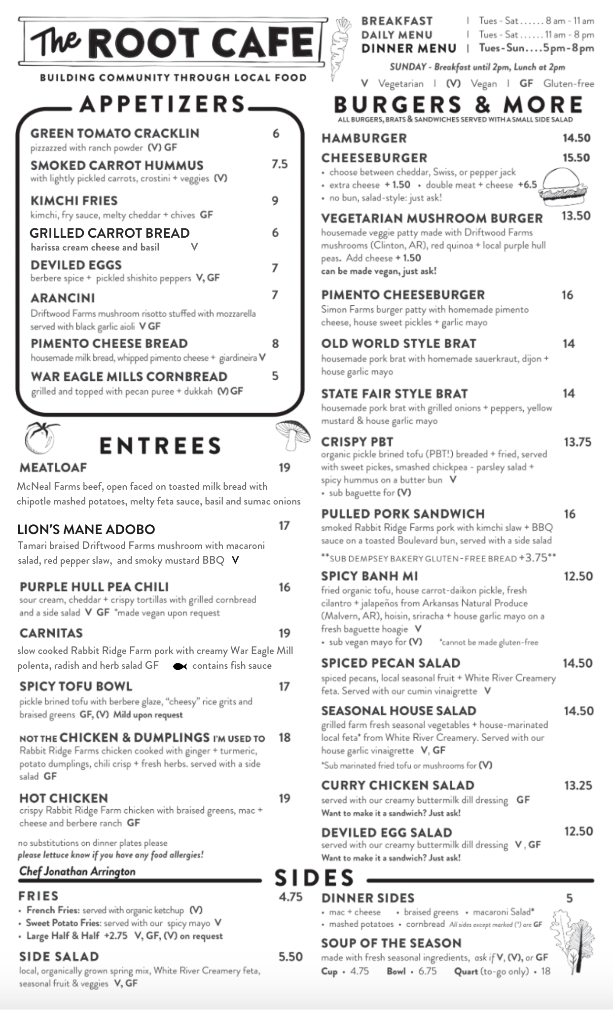 Dinner Menu — The Root Cafe - Farm to Table Comfort Food Restaurant