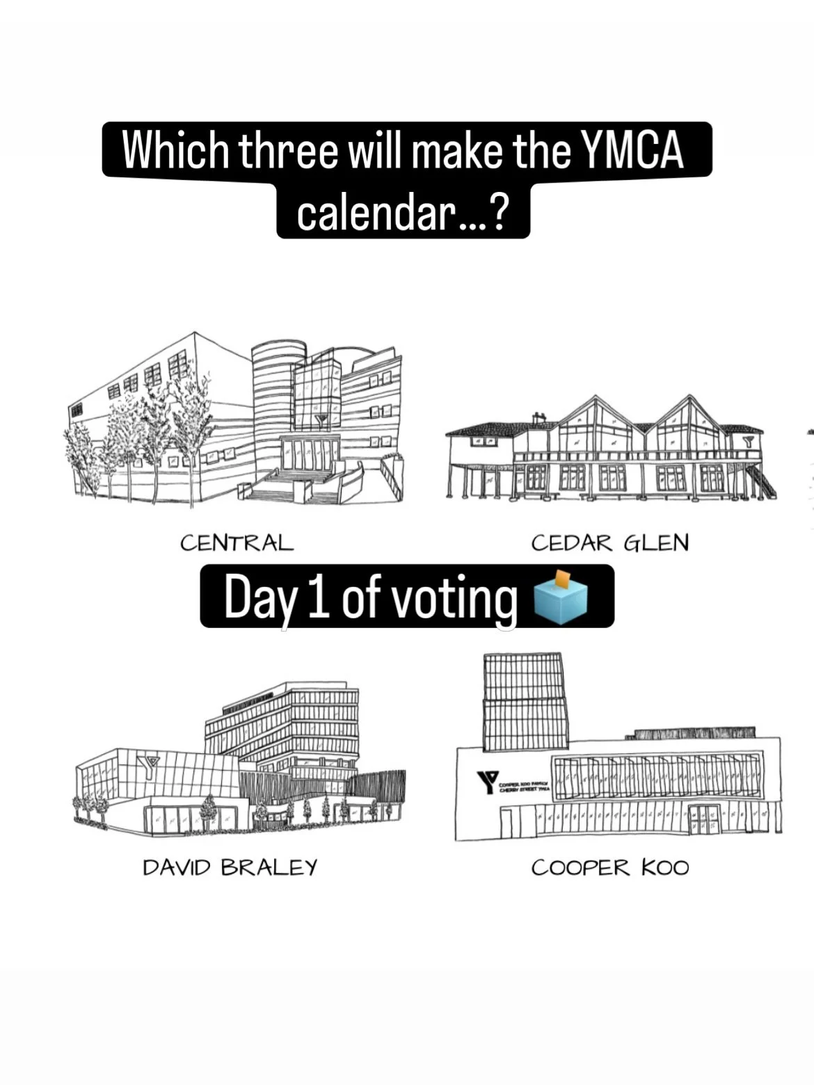 Day 1 of choosing buildings for the 2027 YMCA calendar!

I drew 16 YMCA buildings.

But there are only 12 months.

So over the next four days, I&rsquo;m asking you to help me decide which 12 make the calendar. 🤍

Today&rsquo;s four are up against ea