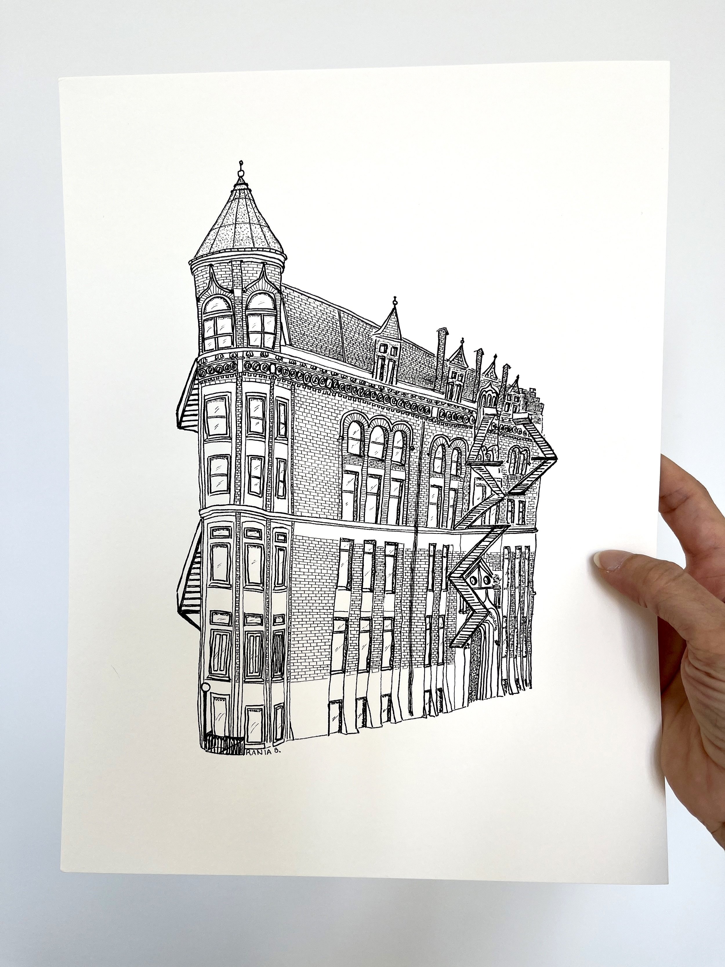 Gooderham (Flat Iron Building) hand drawn in on paper whimsical portrait 6x9" print