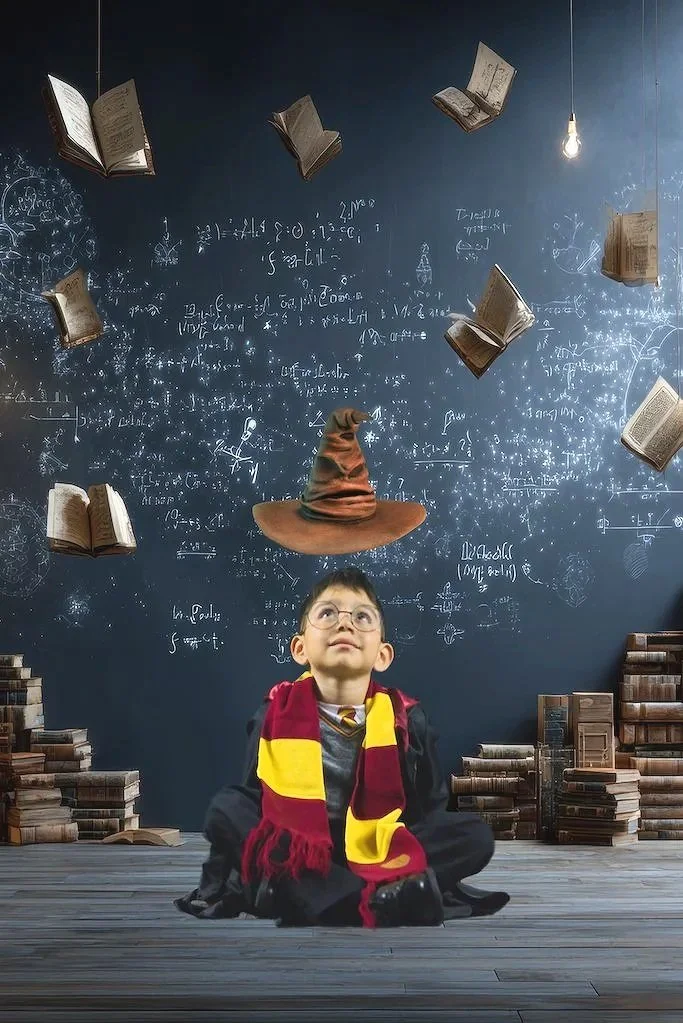 A young boy dressed as a wizard, wearing glasses and a Gryffindor scarf, sits on the floor with a stack of books surrounding him, looking up at floating open books and a floating wizard hat against a blackboard filled with mathematical equations.