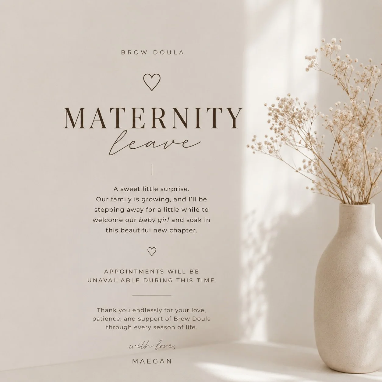 A tiny reason for my quiet season lately ☀️ Brow Doula will be pausing appointments while we welcome our baby girl.
