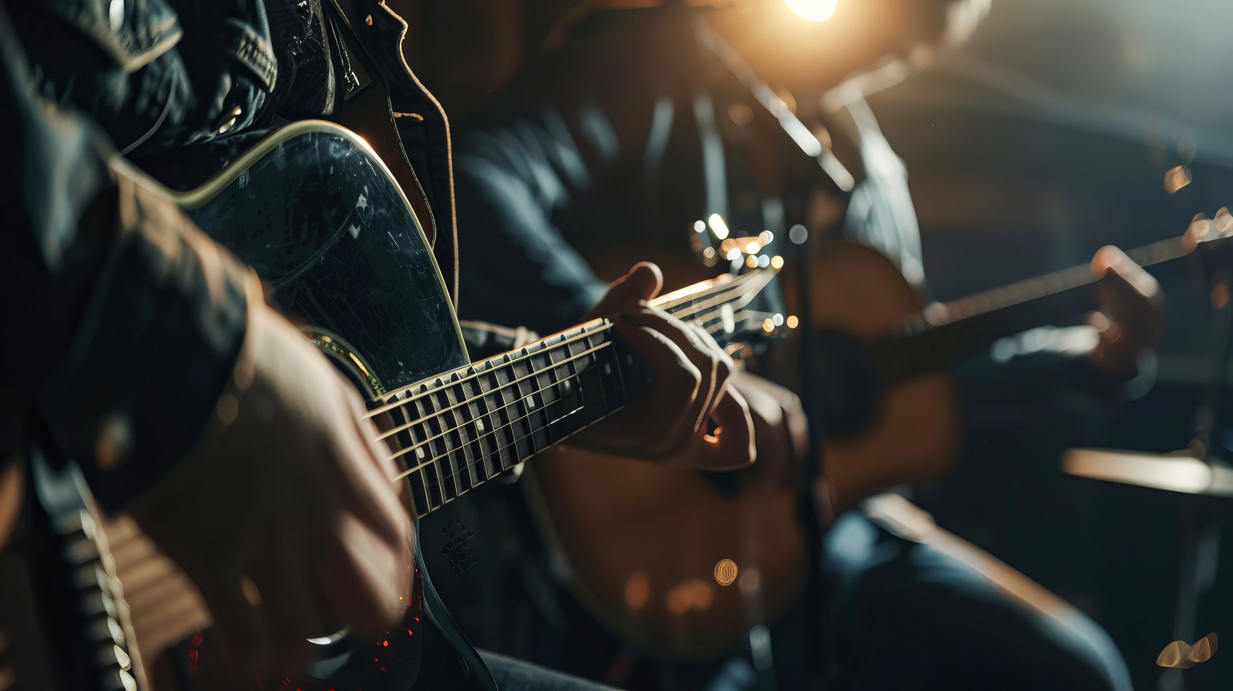 Close-up of two guitarists playing acoustic guitars under stage lights. One guitarist is in focus, showcasing detailed finger positioning and strings, while the other is slightly blurred in the background.