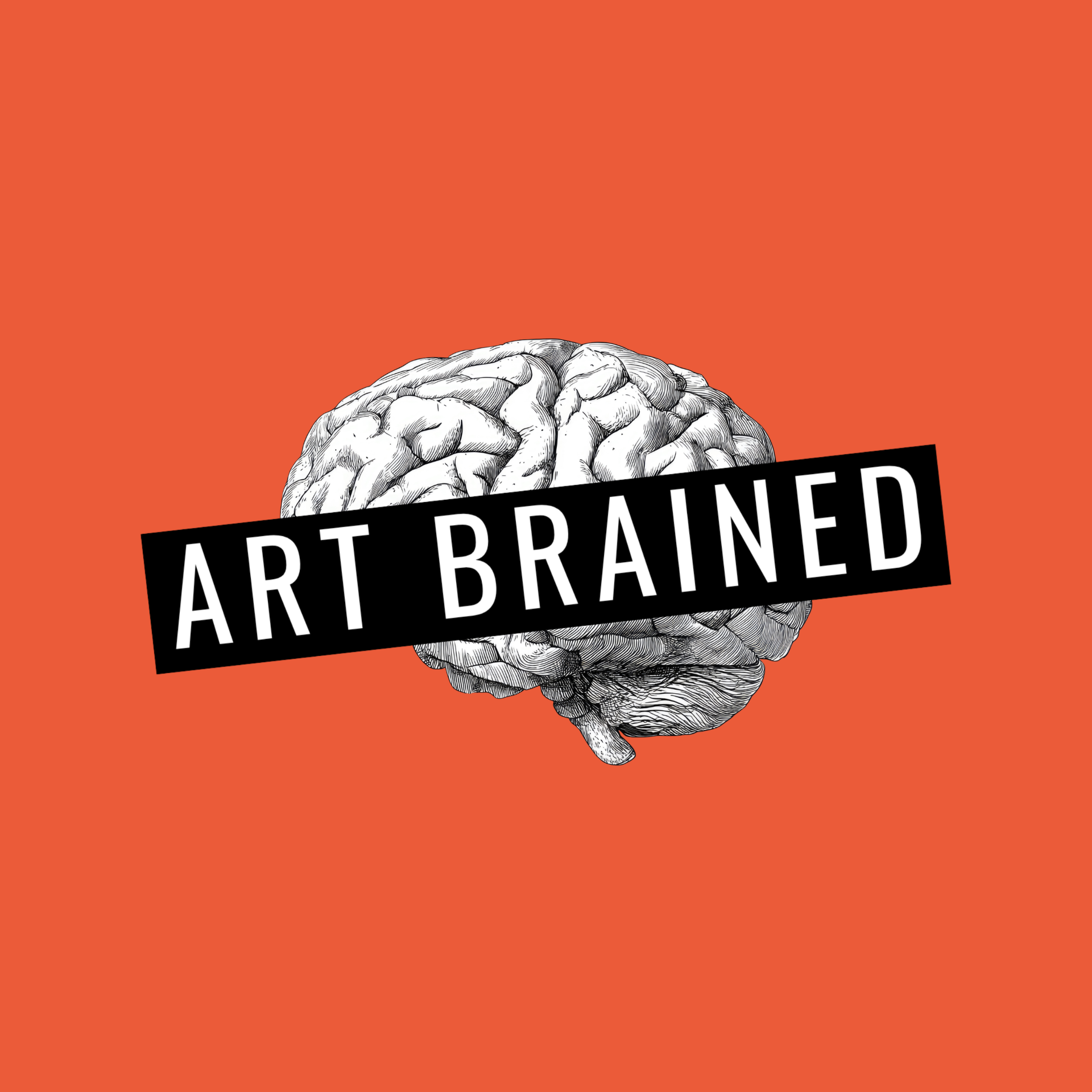 A black and white illustration of a detailed human brain on an orange background, partially covered by a black banner with white text reading "ART BRAINED."