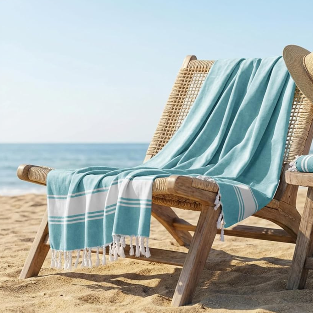 Set of lightweight Turkish beach towels draped over a beach chair on the sand, designed for quick drying and easy packing for summer travel.