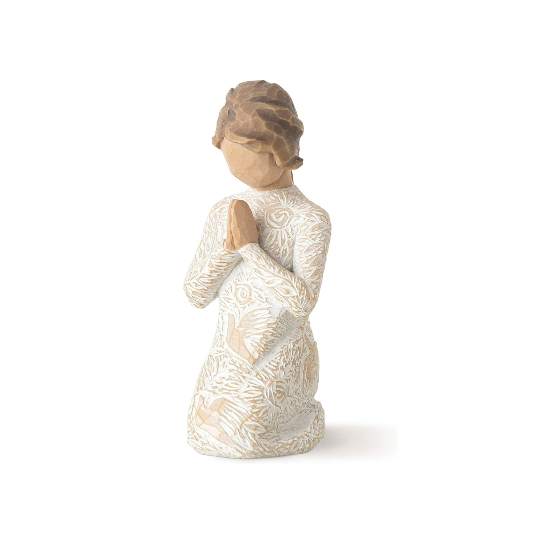 Willow Tree figure of a kneeling woman with hands held together in a prayerful pose.