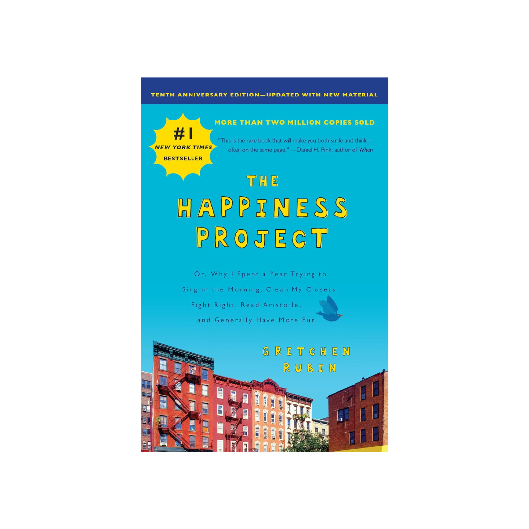 Book cover of The Happiness Project by Gretchen Rubin featuring bright blue and yellow typography above illustrated city buildings.