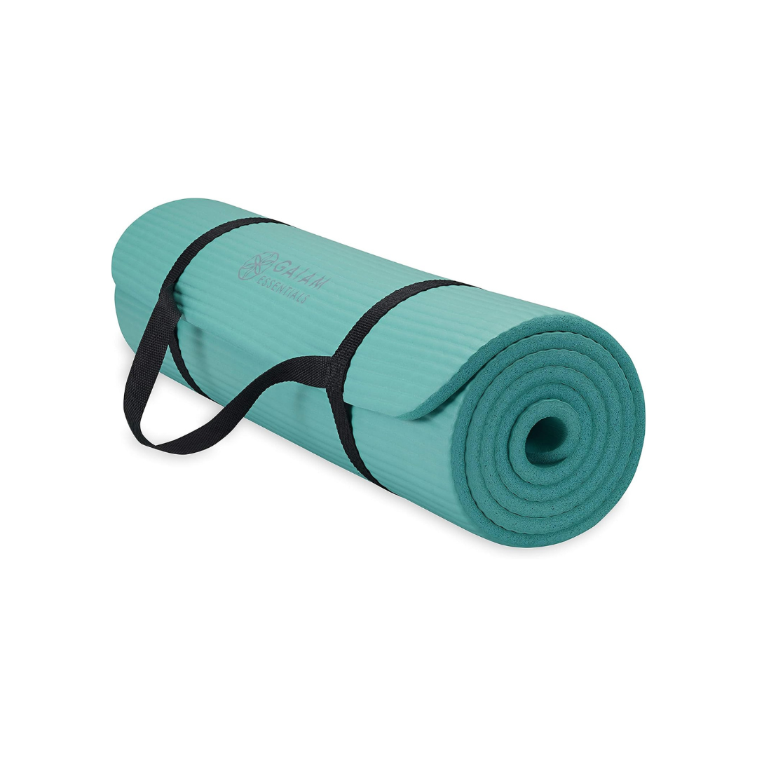 Teal Gaiam Essentials exercise and yoga mat with carrying strap.