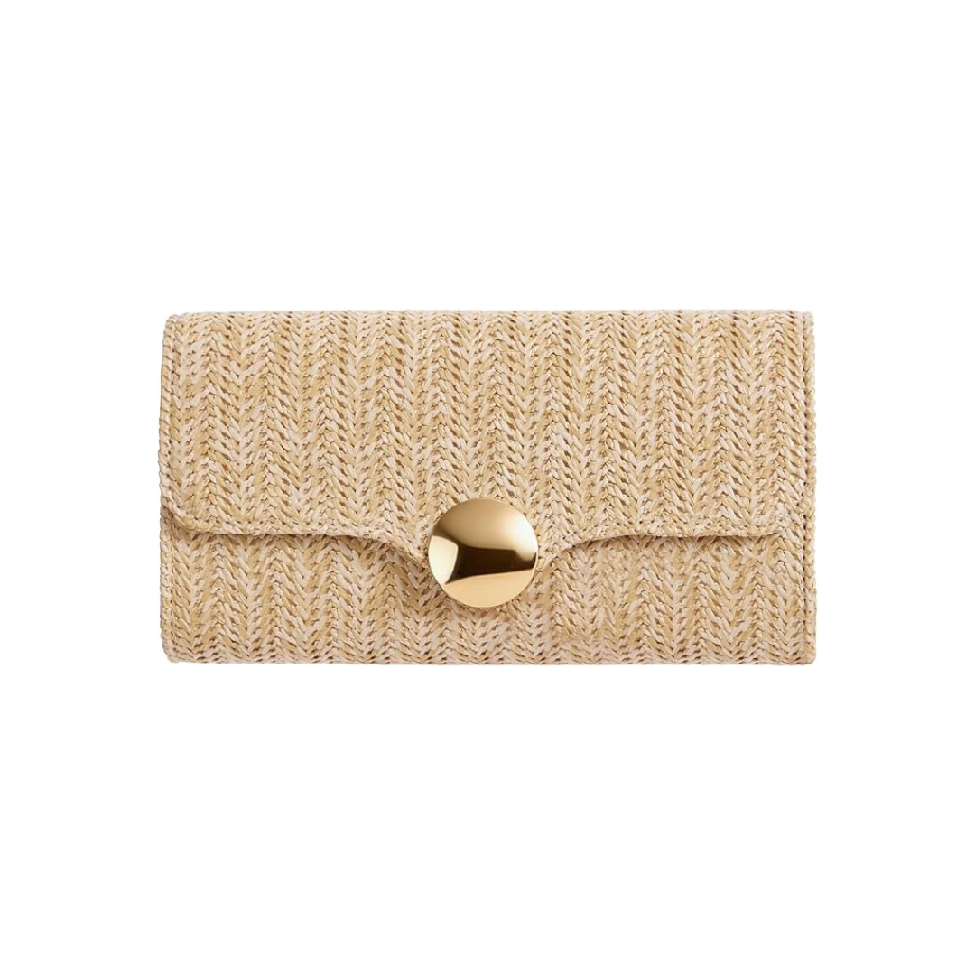Tan woven clutch with a gold circle clasp