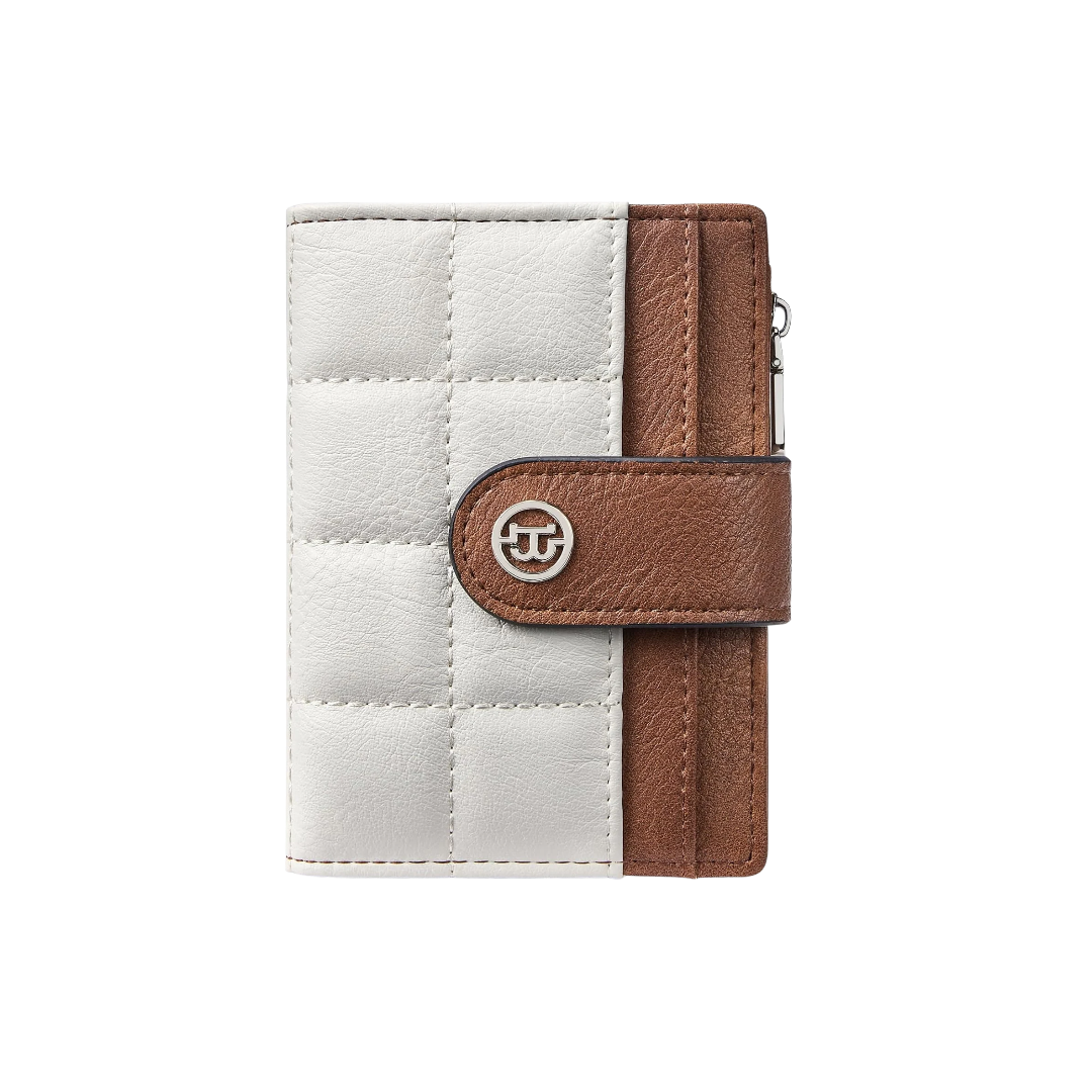 Small white and brown checkered wallet with a snap closure and silver hardware.