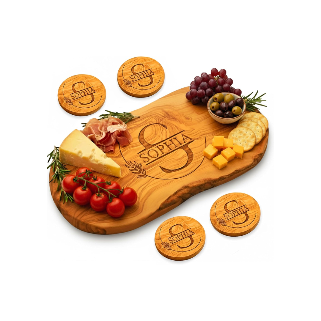 Engraved Olive Wood Cutting Board with charcuterie