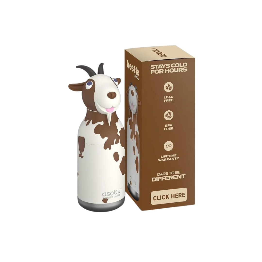 Asobu Bestie insulated water bottle with a brown and white goat design and goat-shaped lid.