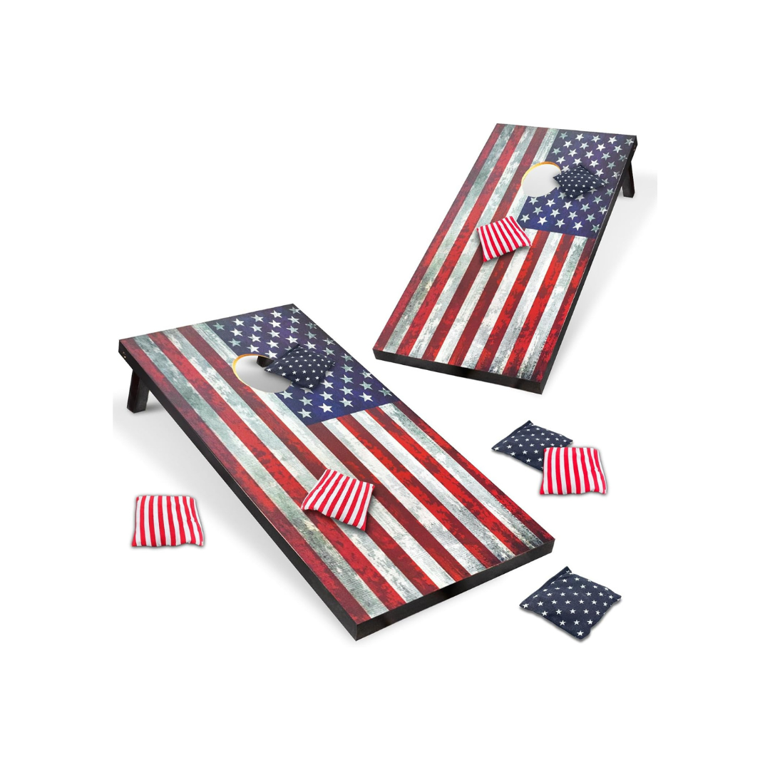 Set of Americana-style cornhole boards with distressed American flag designs and matching red, white, and blue bean bags.