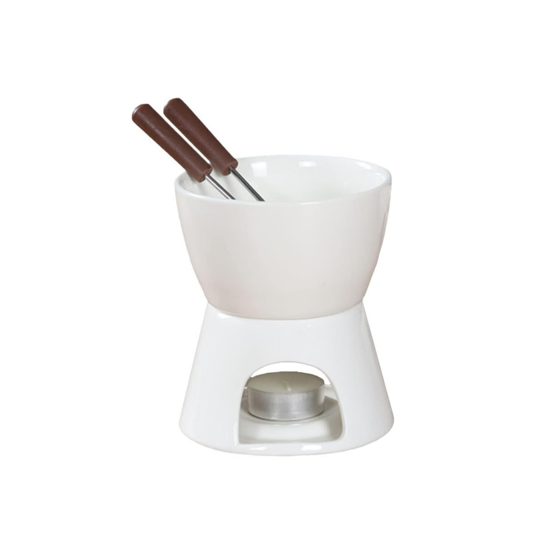 White ceramic fondue pot with a tealight warmer and two fondue forks featuring brown wooden handles.