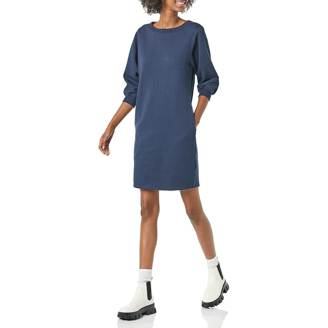 Amazon Essentials Fleece Boatneck Sweatshirt Dress in Marine Blue