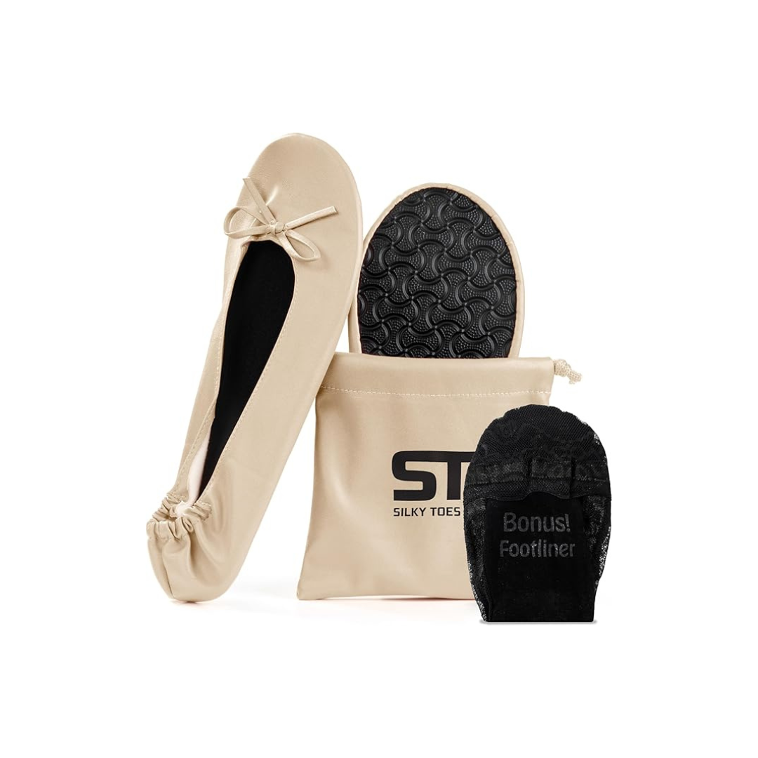 Silky Toes foldable ballet flats with carrying pouch and footliner, a comfortable and portable shoe option for travel, events, or everyday wear.