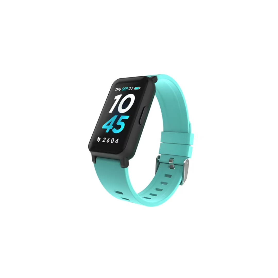 iTech Active 3 fitness tracker with a turquoise silicone band displaying the time, date, step count, and activity metrics on a digital touchscreen.