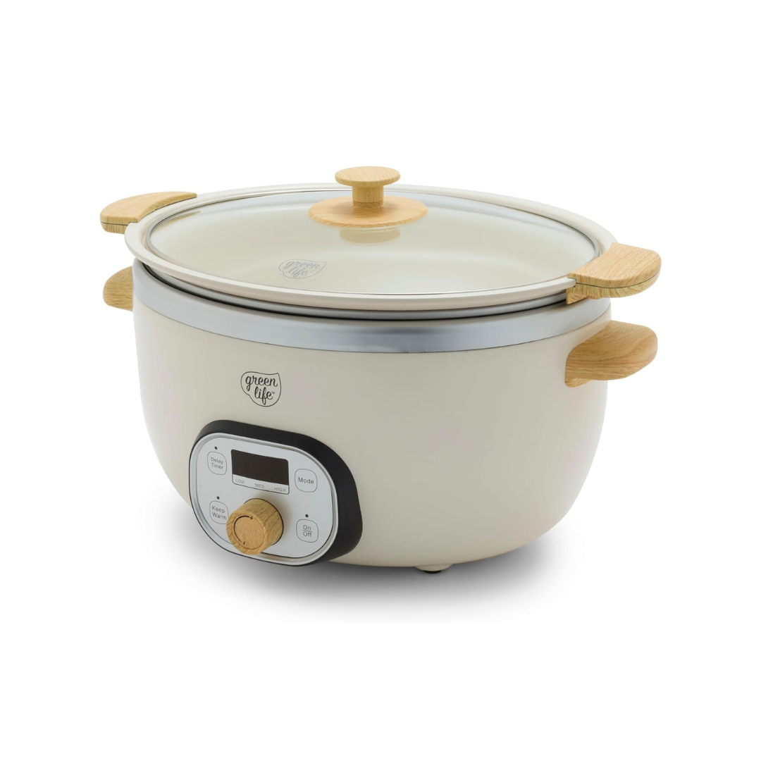 GreenLife programmable slow cooker with a cream finish and wood-look handles, perfect for preparing simple, nourishing meals with minimal effort.