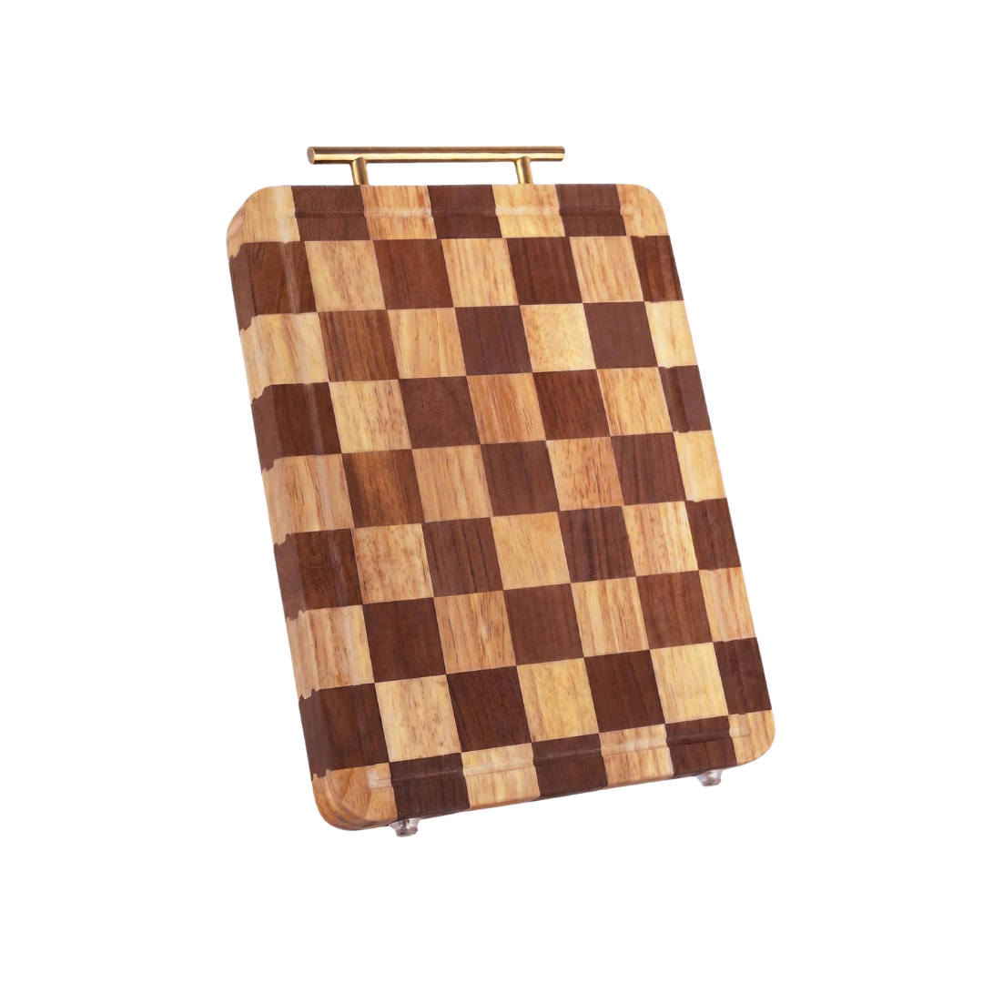 Rectangular wooden cutting board with a light and dark checkered pattern and gold handle.