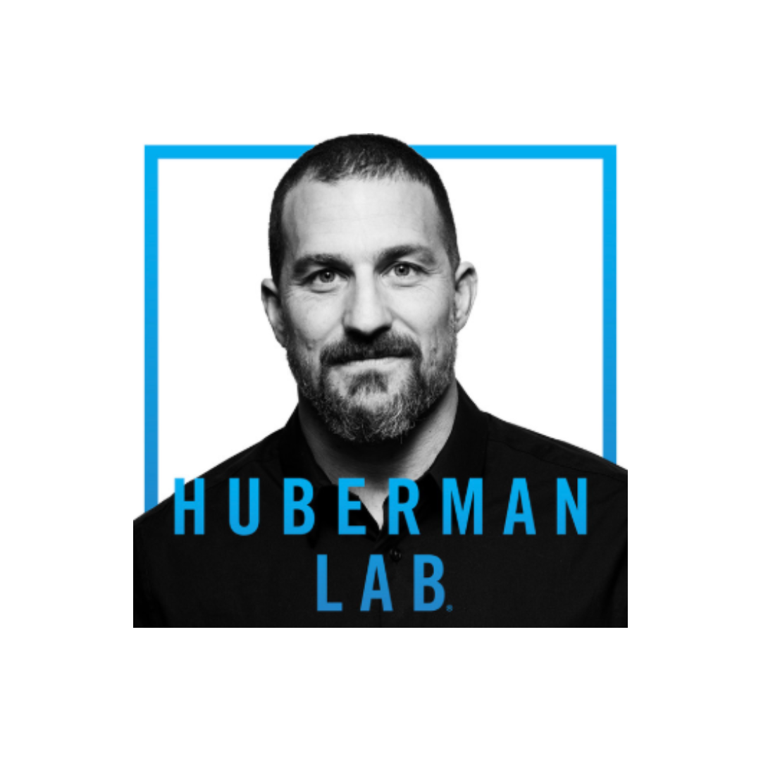 Black-and-white cover art for the Huberman Lab podcast featuring neuroscientist Andrew Huberman framed by a bright blue square with bold blue typography.