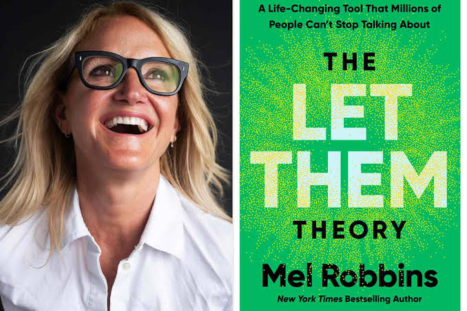 Mel Robbins smiling next to the book cover of “The Let Them Theory,” a bestselling personal growth book about releasing control and focusing on what you can influence.