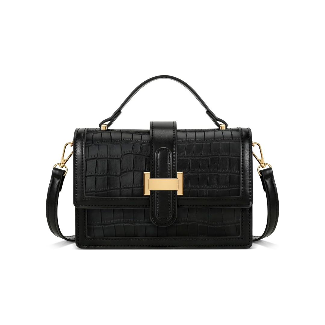 Black faux crocodile crossbody handbag with gold hardware and a structured silhouette, perfect for everyday wear or dressing up an outfit.