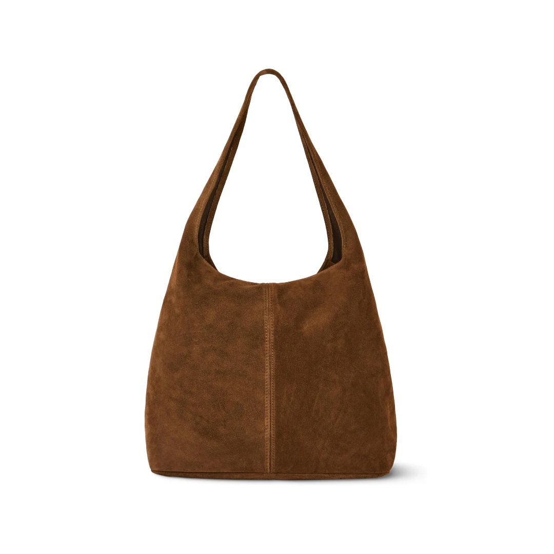 Brown suede hobo-style shoulder bag with a wide, slouchy silhouette and long shoulder strap against a white background.