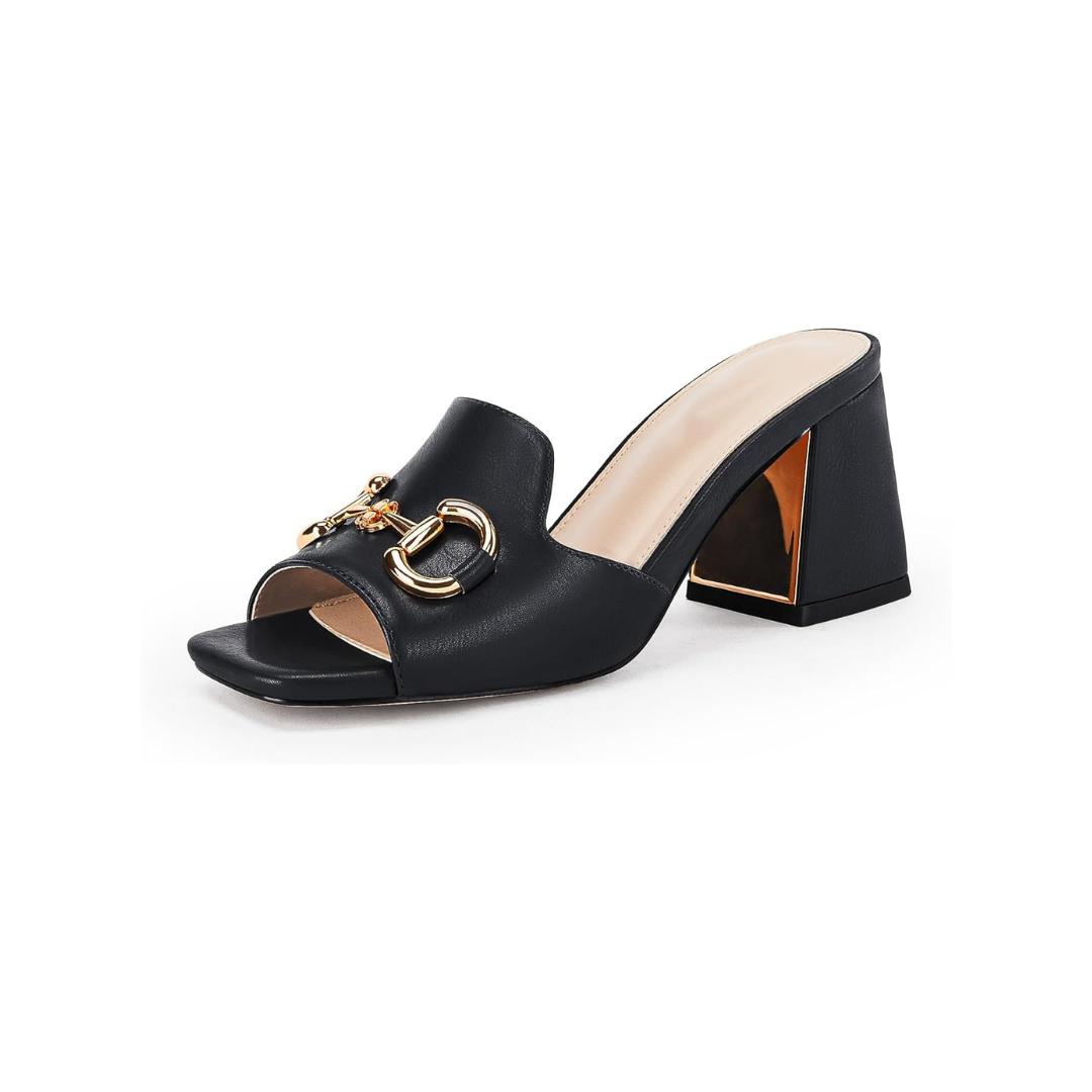 Black block heel slide sandals with gold hardware detail, a versatile wardrobe staple for dressing up everyday outfits or special occasions.