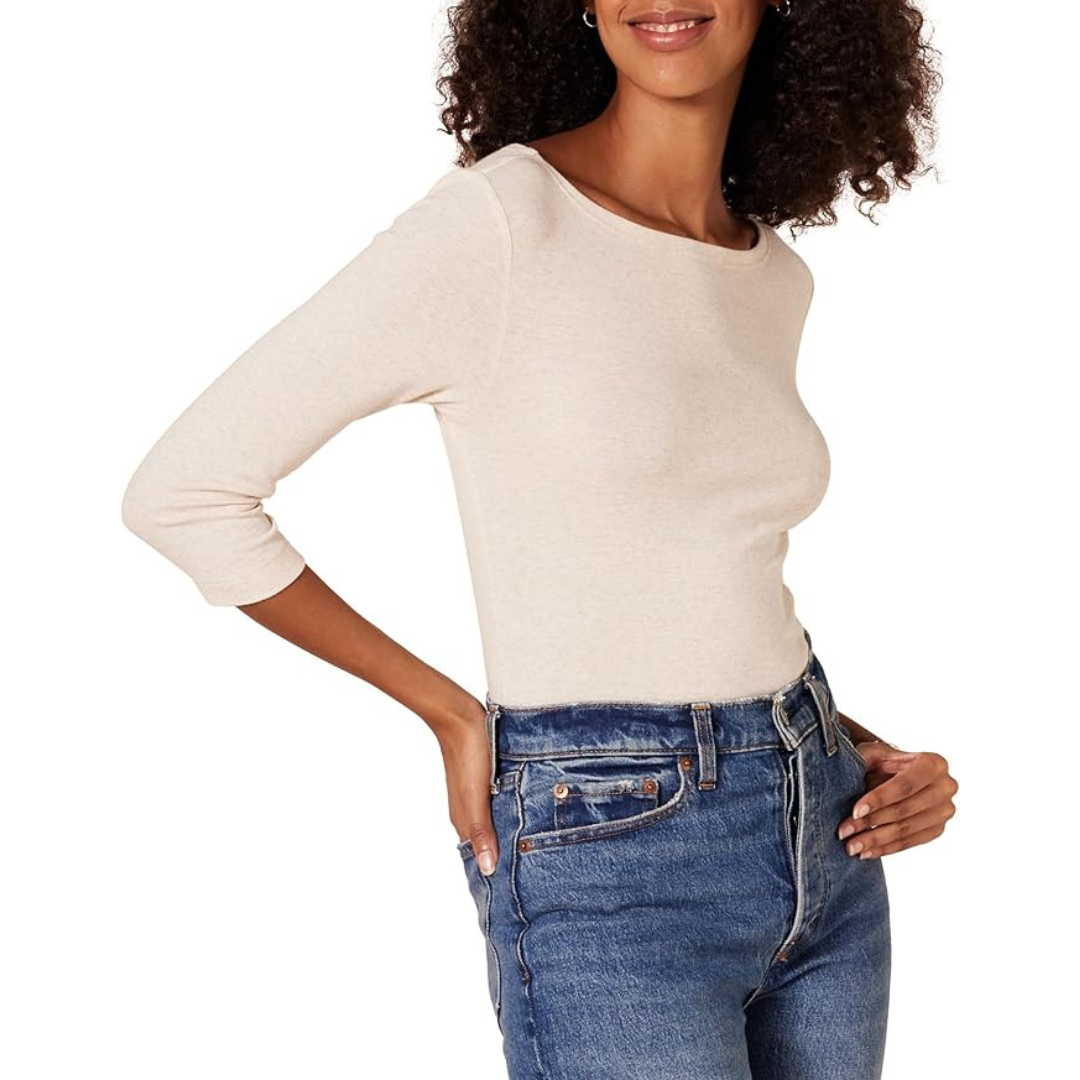 Women's Slim-Fit 3/4 Sleeve Boat Neck Cotton T-Shirt in Cream