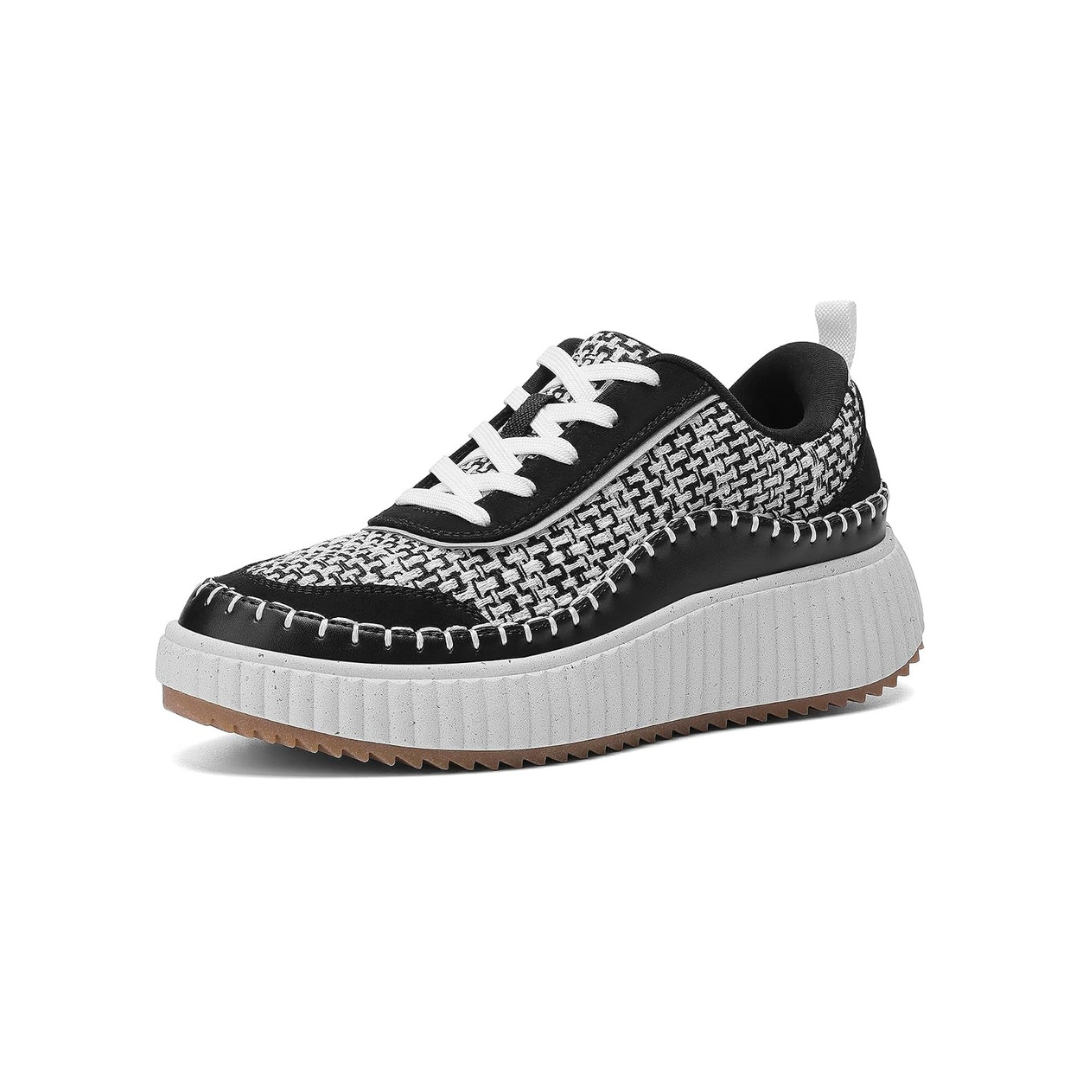 Black and white tweed platform sneaker by DREAM PAIRS featuring white laces, contrast stitching, and a chunky rubber sole.
