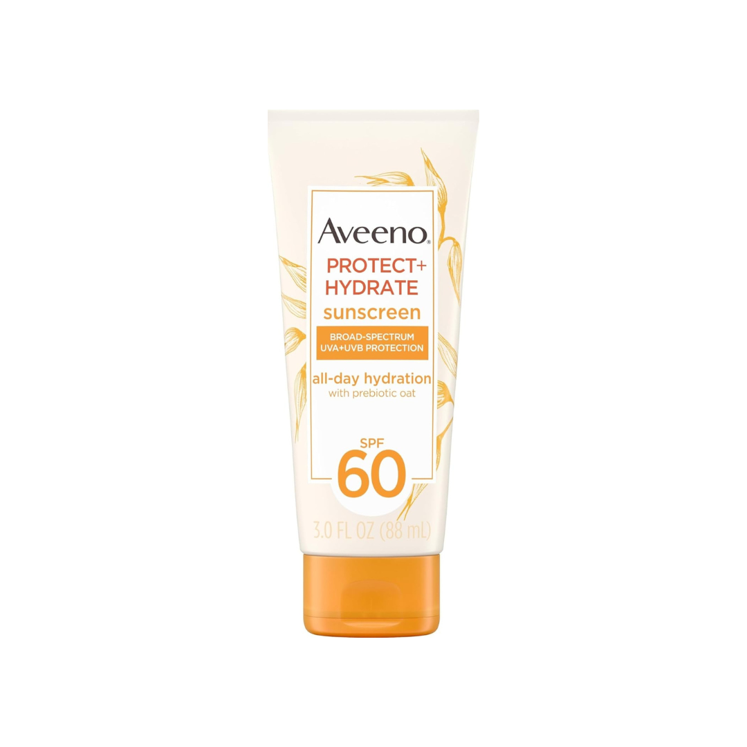 Tube of Aveeno Protect + Hydrate SPF 60 sunscreen featuring broad-spectrum UVA and UVB protection with moisturizing prebiotic oat.