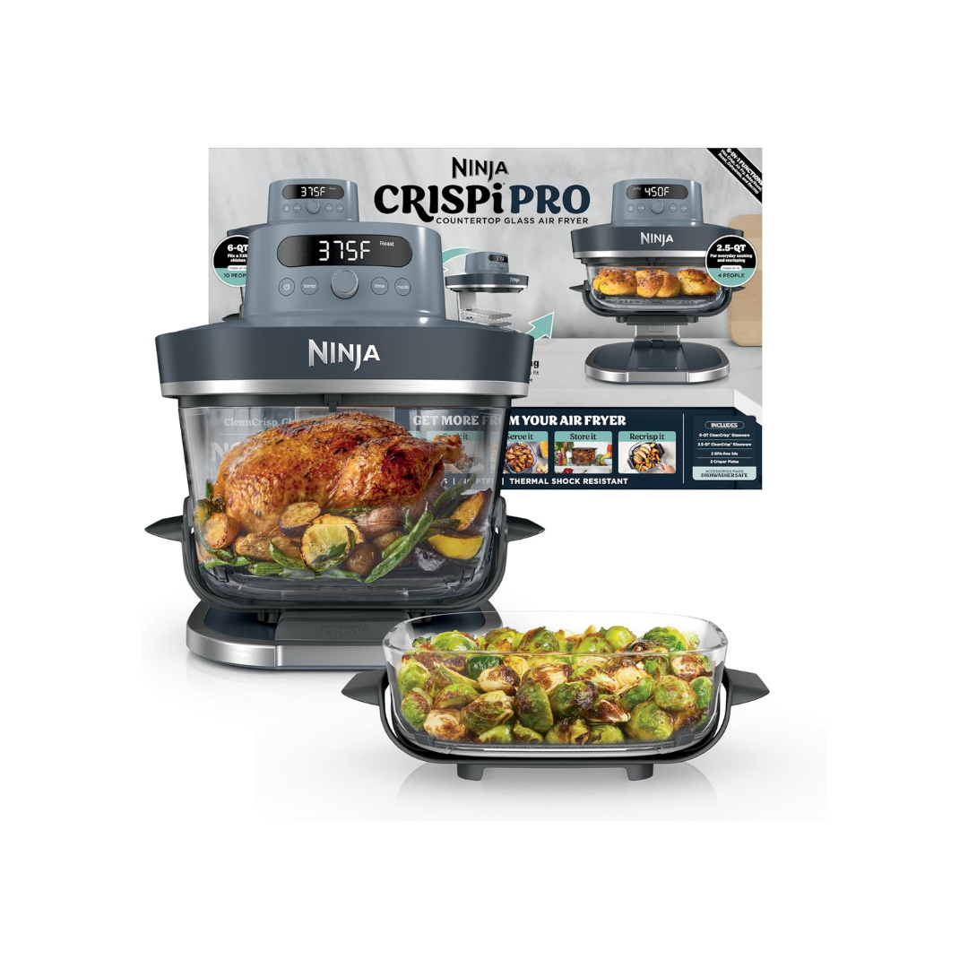 Ninja Crispi Pro glass air fryer with two glass cooking containers, shown with roasted chicken and vegetables.